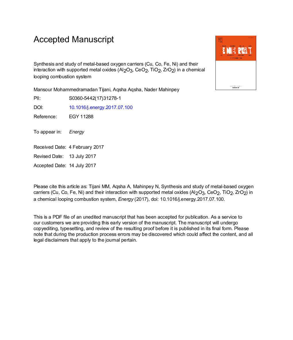 Synthesis and study of metal-based oxygen carriers (Cu, Co, Fe, Ni) and their interaction with supported metal oxides (Al2O3, CeO2, TiO2, ZrO2) in a chemical looping combustion system