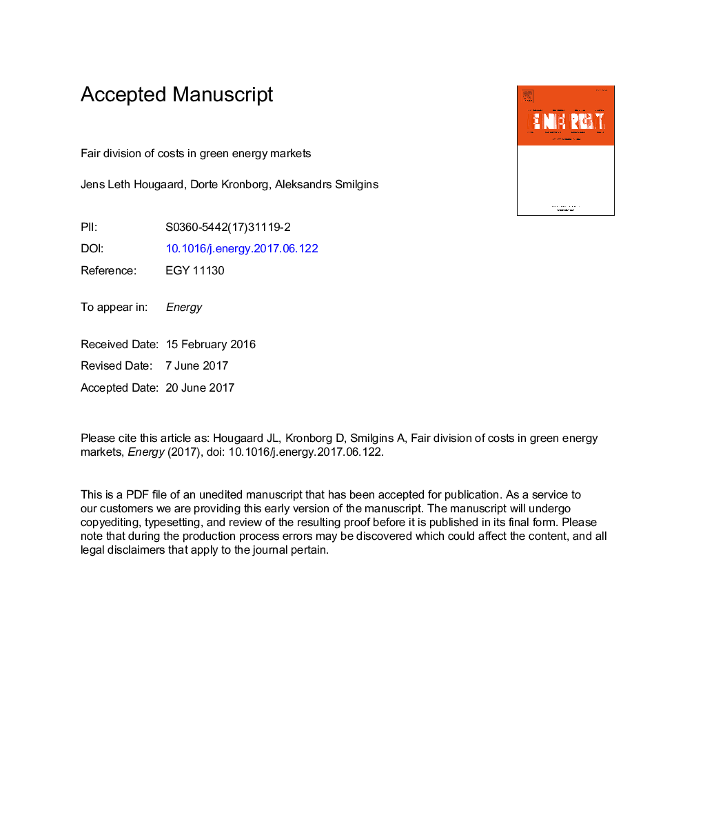 Fair division of costs in green energy markets