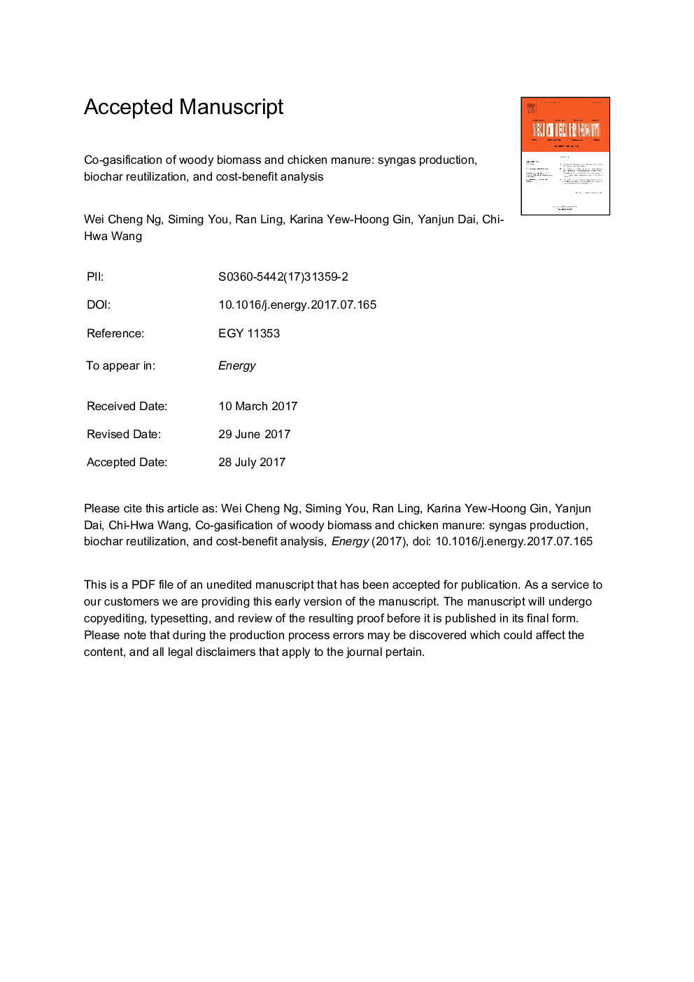 Co-gasification of woody biomass and chicken manure: Syngas production, biochar reutilization, and cost-benefit analysis