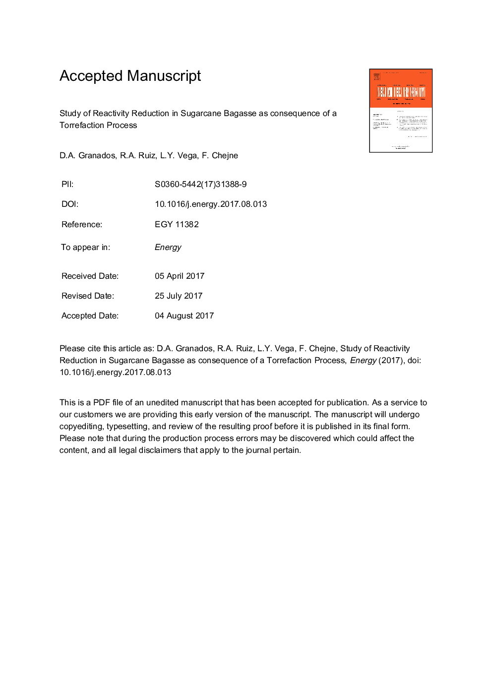 Study of reactivity reduction in sugarcane bagasse as consequence of a torrefaction process