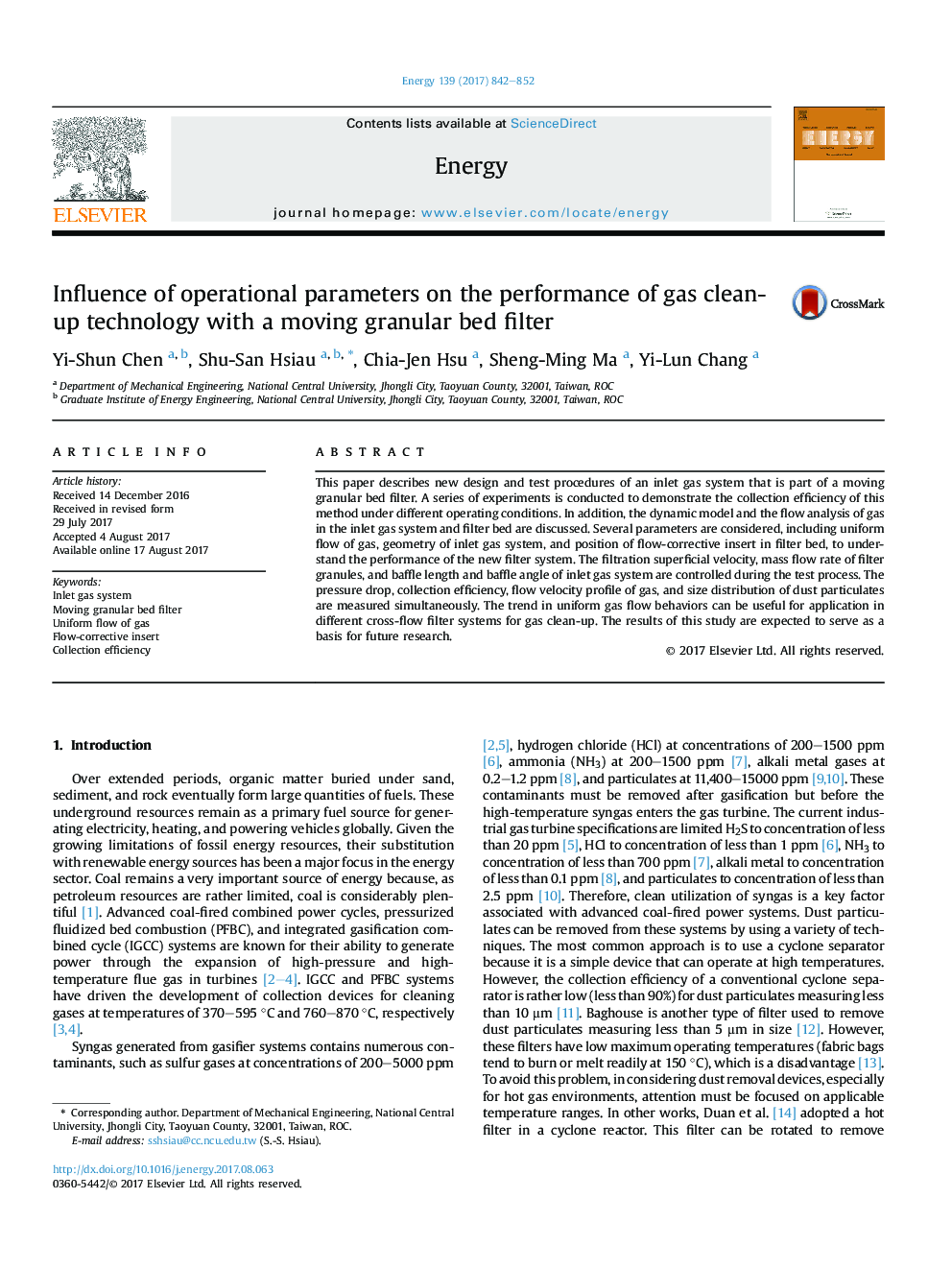 Influence of operational parameters on the performance of gas clean-up technology with a moving granular bed filter