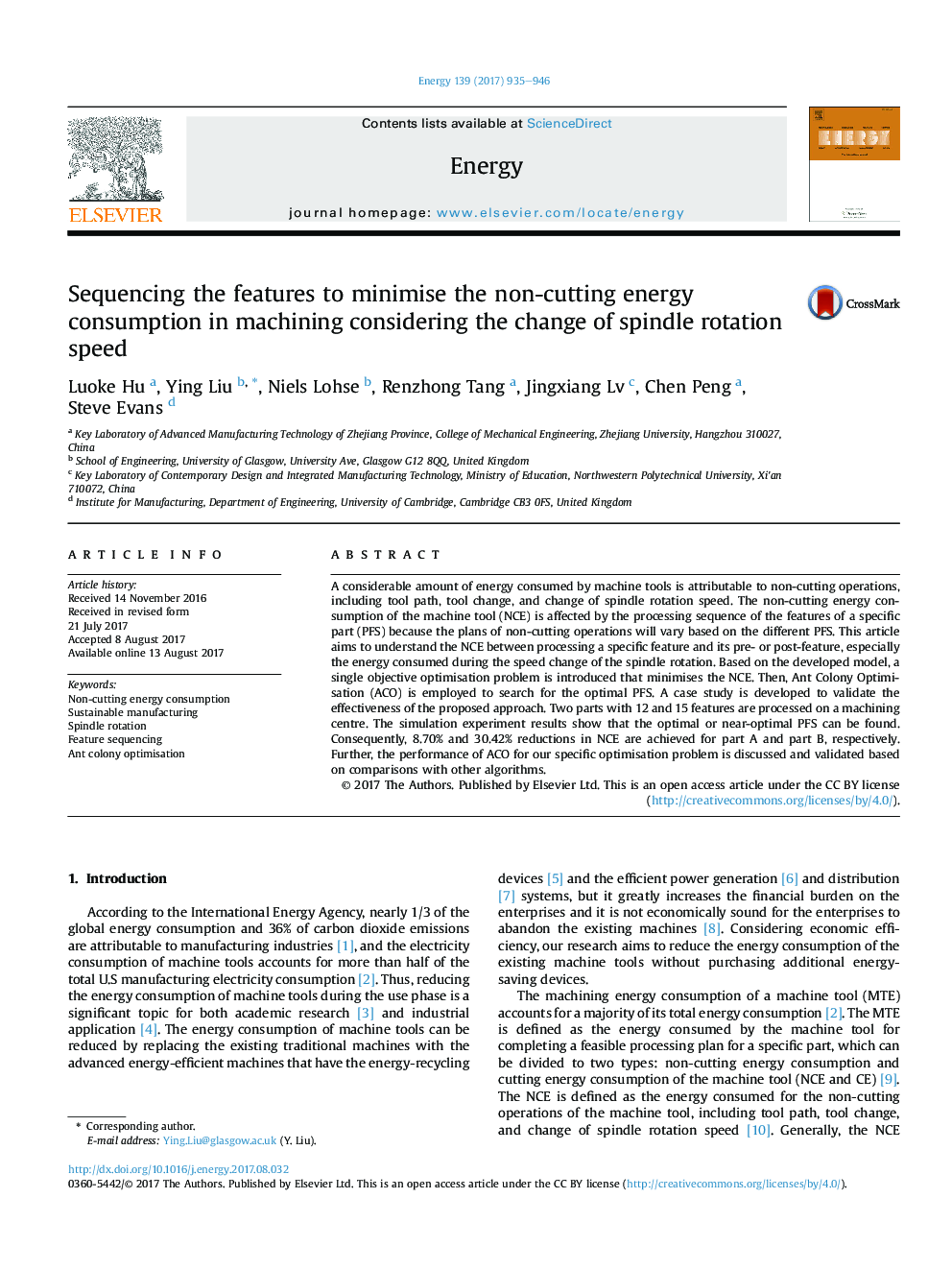 Sequencing the features to minimise the non-cutting energy consumption in machining considering the change of spindle rotation speed