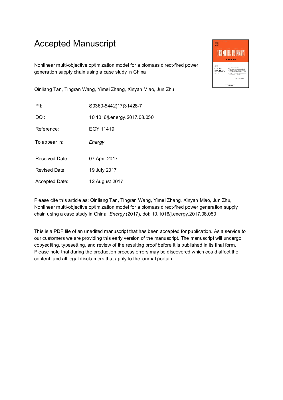 Nonlinear multi-objective optimization model for a biomass direct-fired power generation supply chain using a case study in China