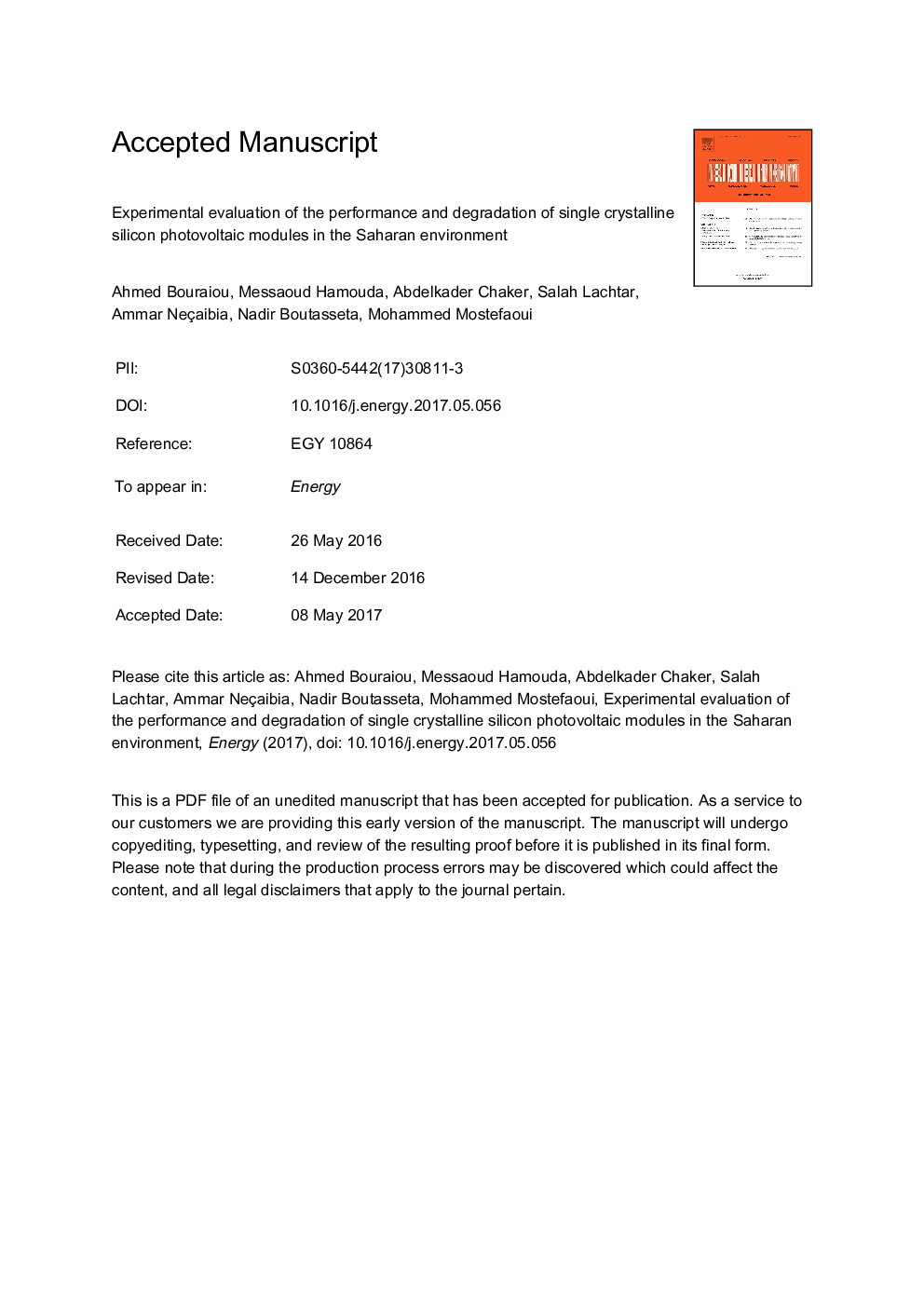 Experimental evaluation of the performance and degradation of single crystalline silicon photovoltaic modules in the Saharan environment