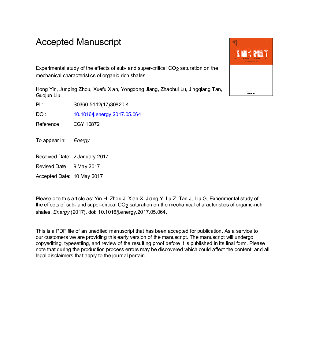 Experimental study of the effects of sub- and super-critical CO2 saturation on the mechanical characteristics of organic-rich shales