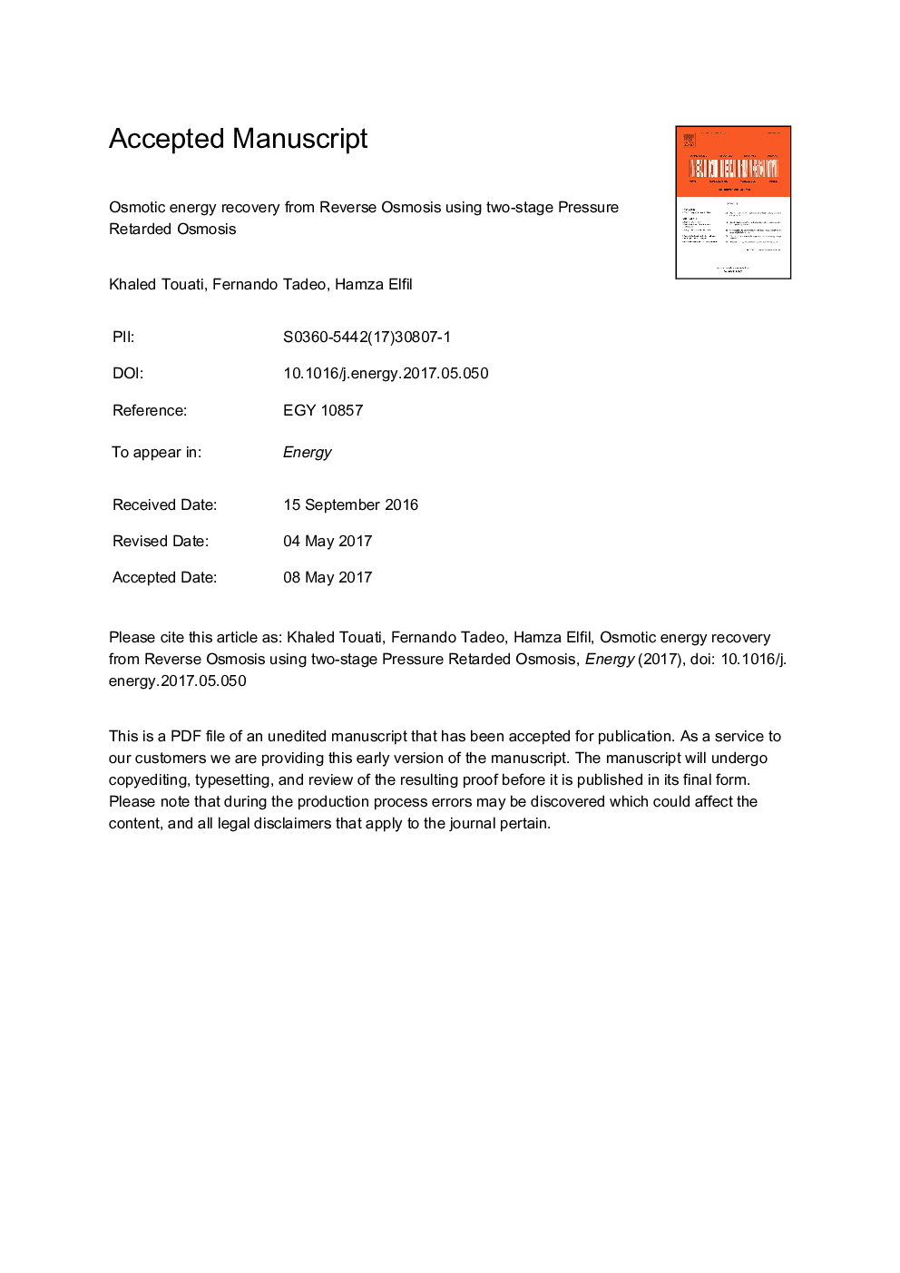 Osmotic energy recovery from Reverse Osmosis using two-stage Pressure Retarded Osmosis