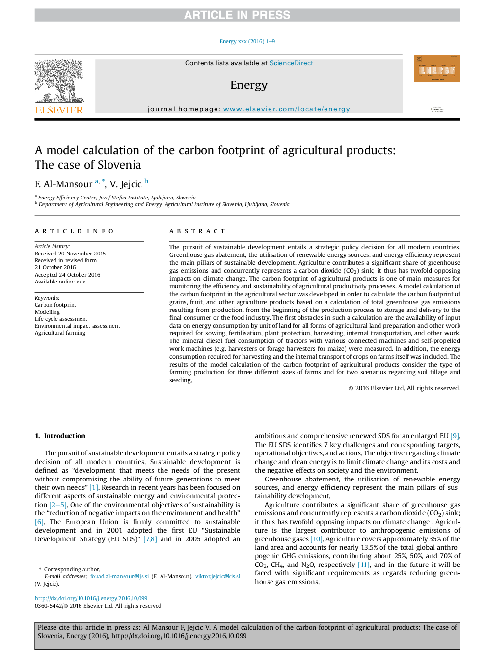 A model calculation of the carbon footprint of agricultural products: The case of Slovenia