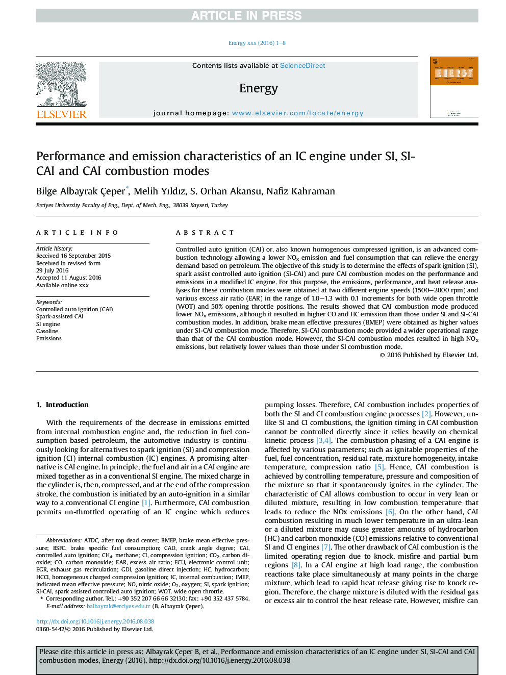 Performance and emission characteristics of an IC engine under SI, SI-CAI and CAI combustion modes