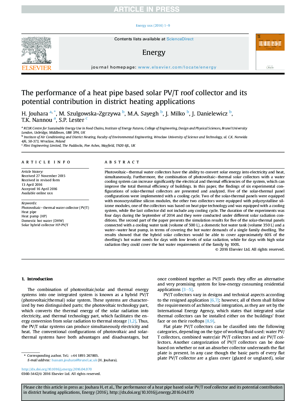 The performance of a heat pipe based solar PV/T roof collector and its potential contribution in district heating applications