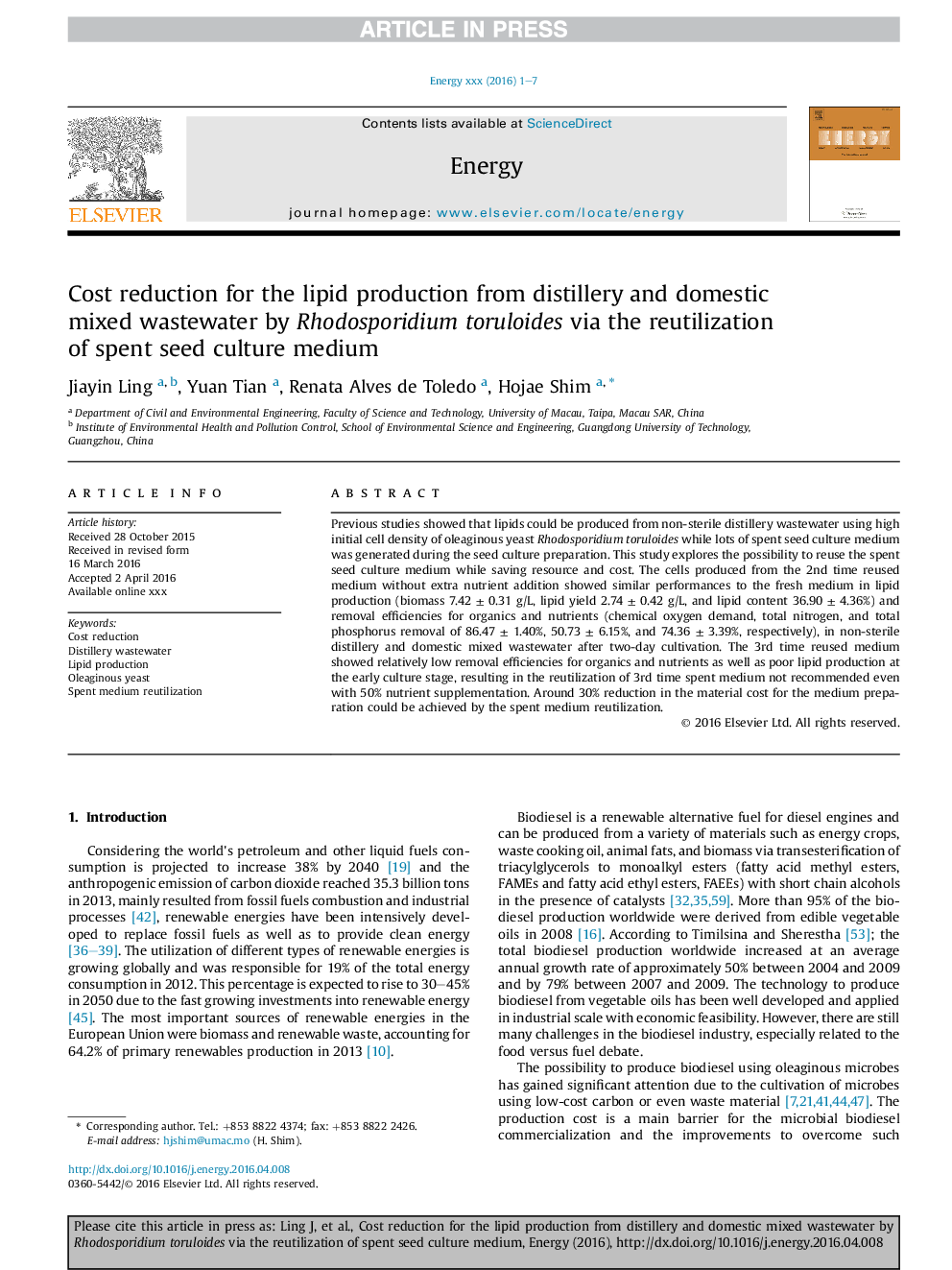 Cost reduction for the lipid production from distillery and domestic mixed wastewater by Rhodosporidium toruloides via the reutilization of spent seed culture medium