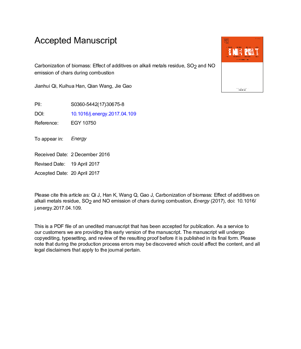 Carbonization of biomass: Effect of additives on alkali metals residue, SO2 and NO emission of chars during combustion