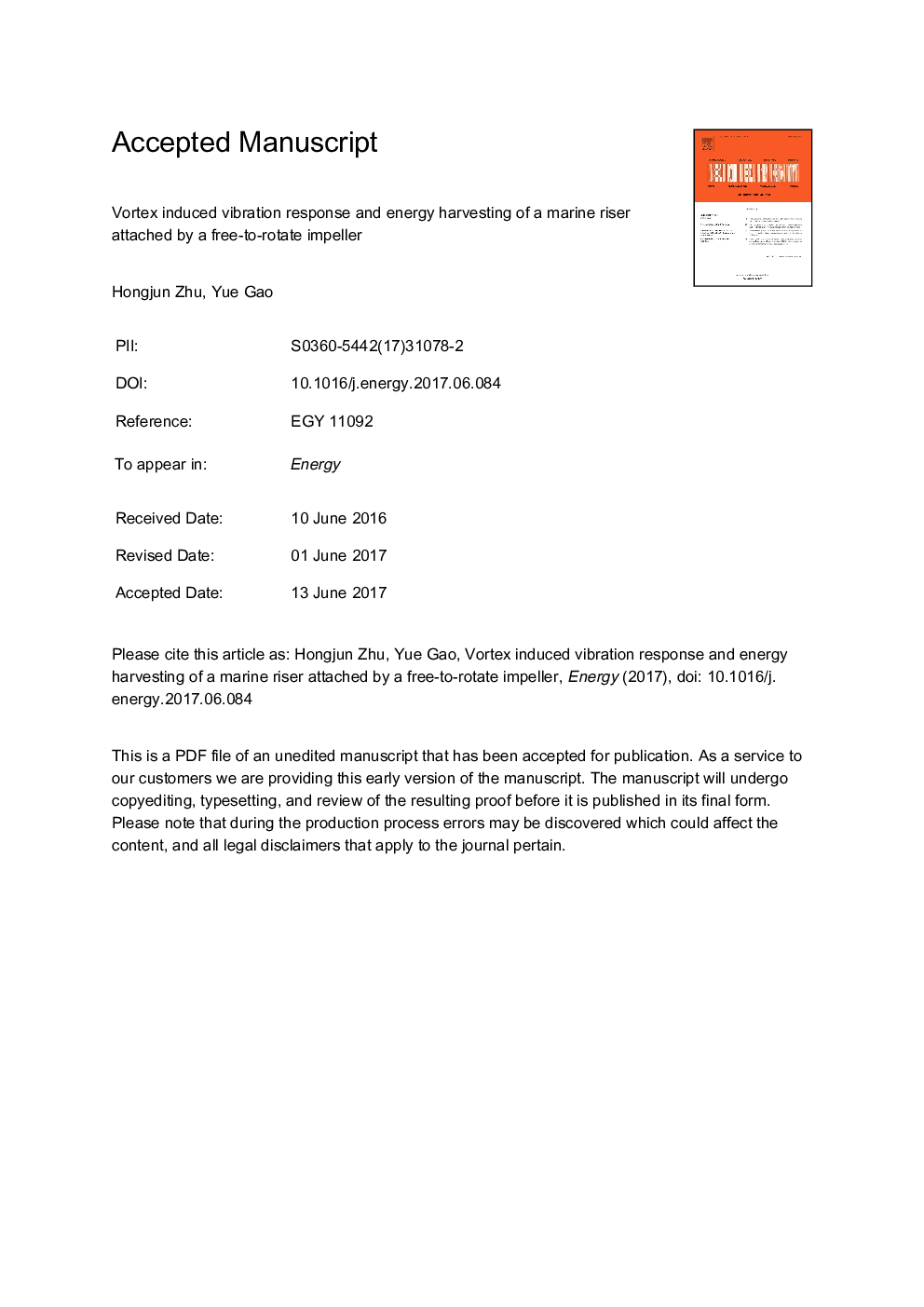 Vortex induced vibration response and energy harvesting of a marine riser attached by a free-to-rotate impeller