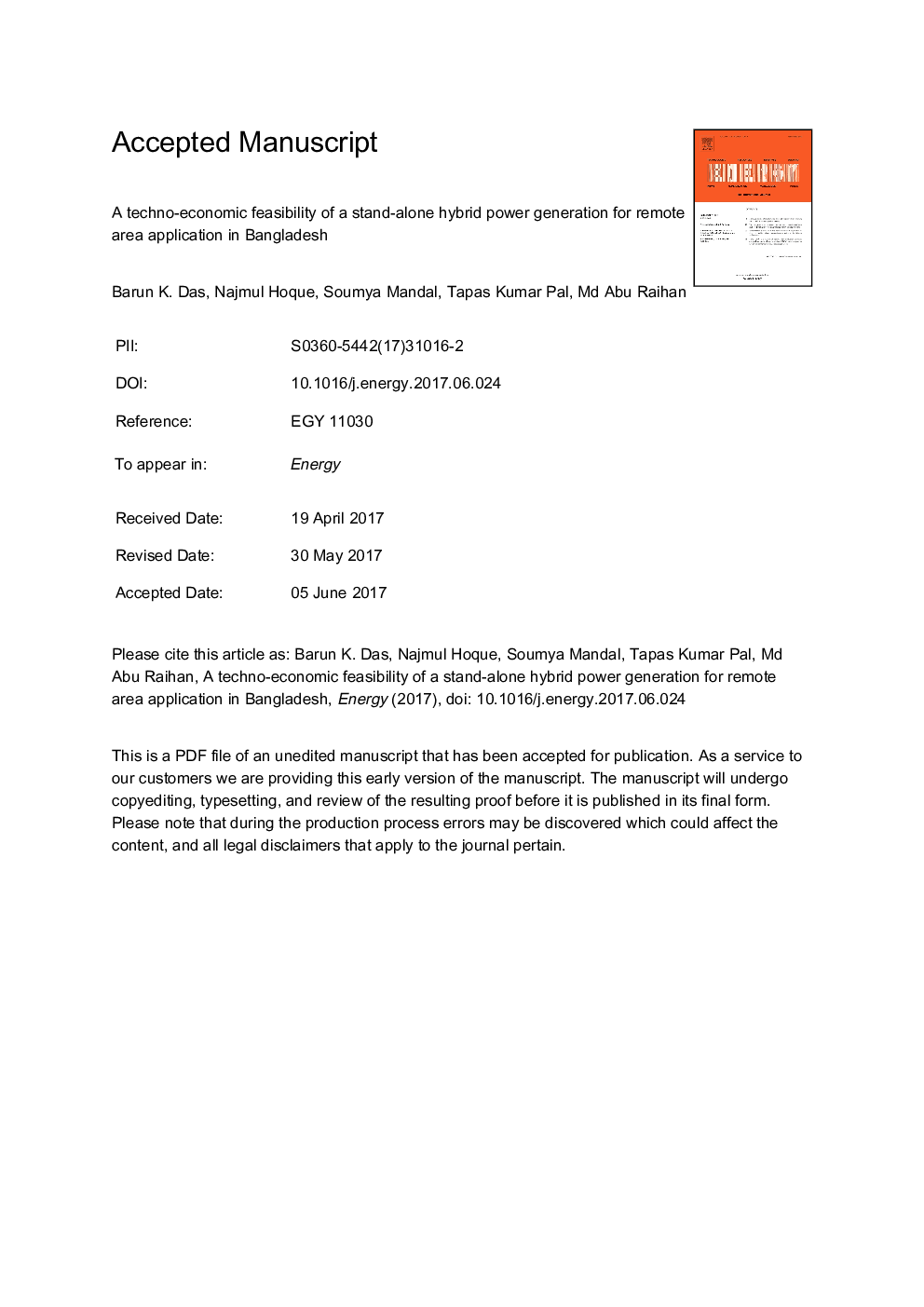 A techno-economic feasibility of a stand-alone hybrid power generation for remote area application in Bangladesh