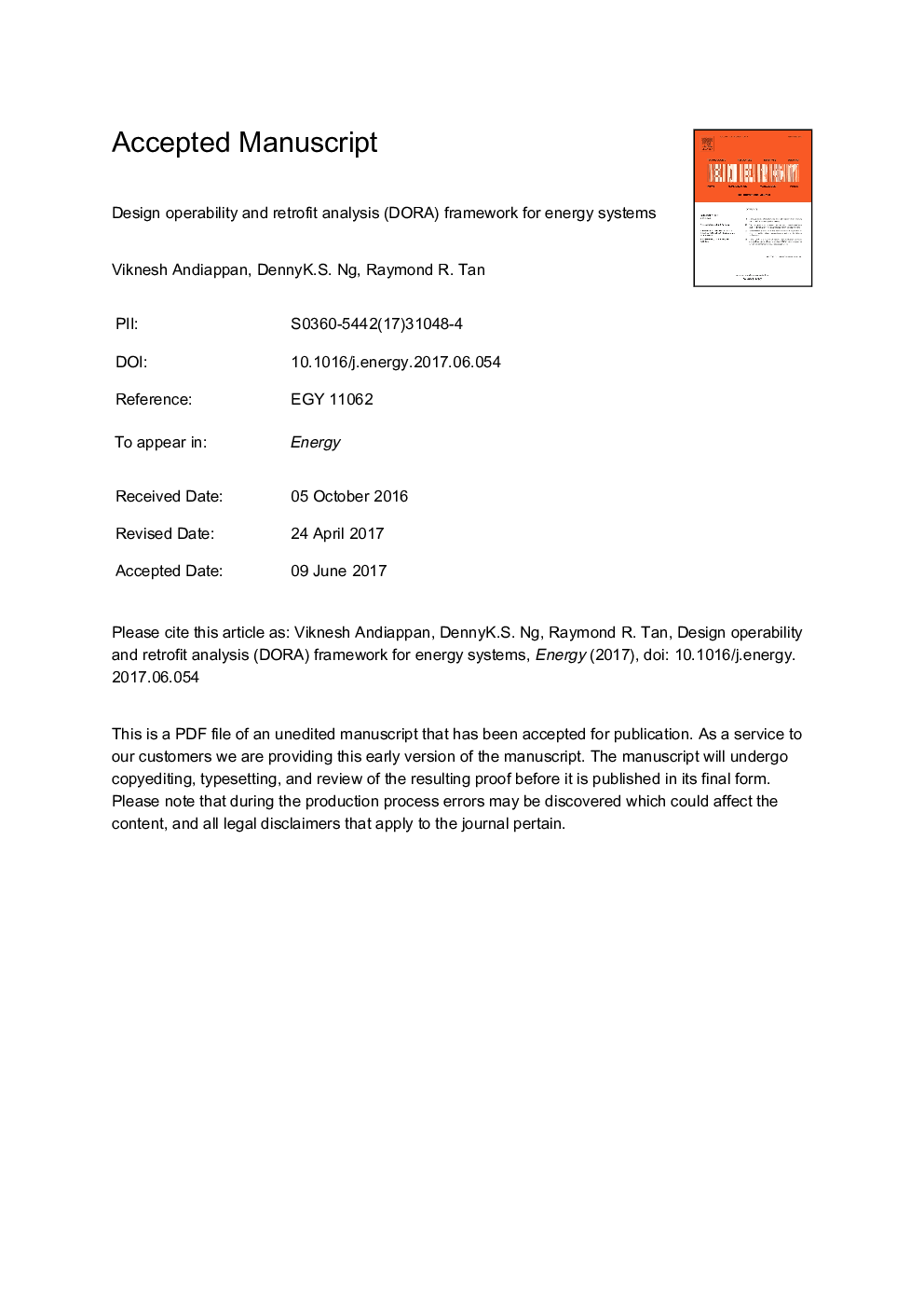 Design Operability and Retrofit Analysis (DORA) framework for energy systems