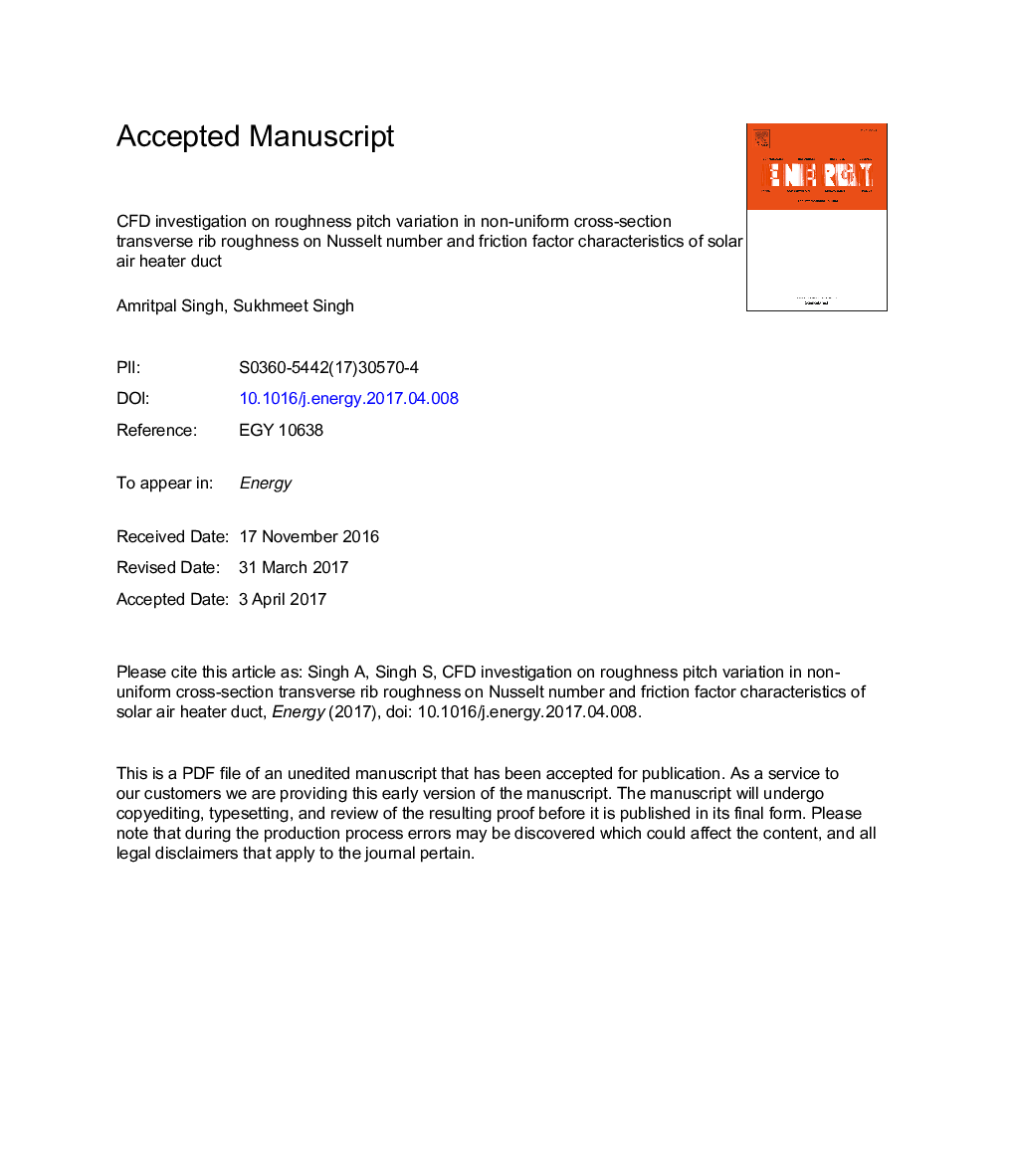 CFD investigation on roughness pitch variation in non-uniform cross-section transverse rib roughness on Nusselt number and friction factor characteristics of solar air heater duct