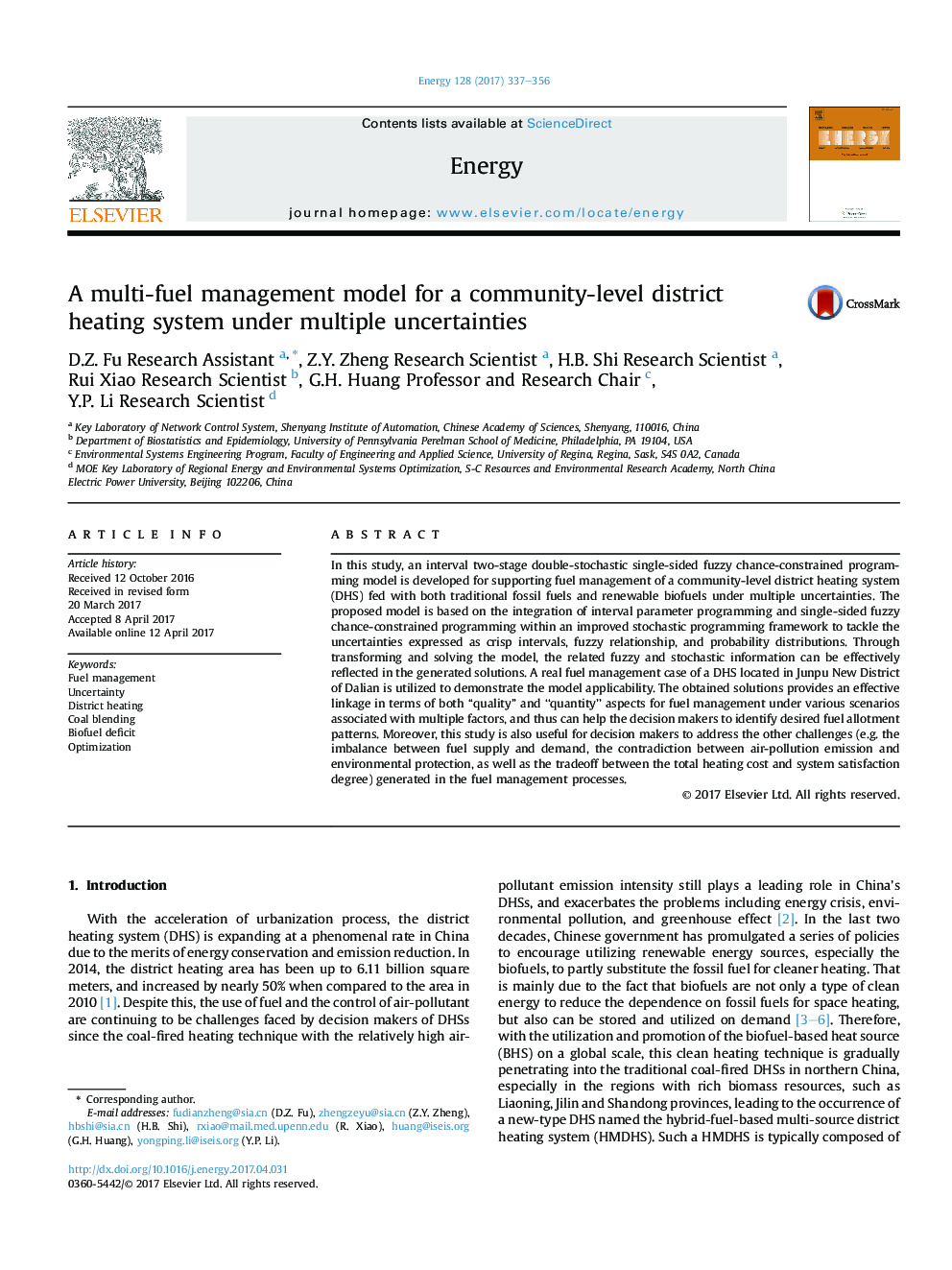 A multi-fuel management model for a community-level district heating system under multiple uncertainties