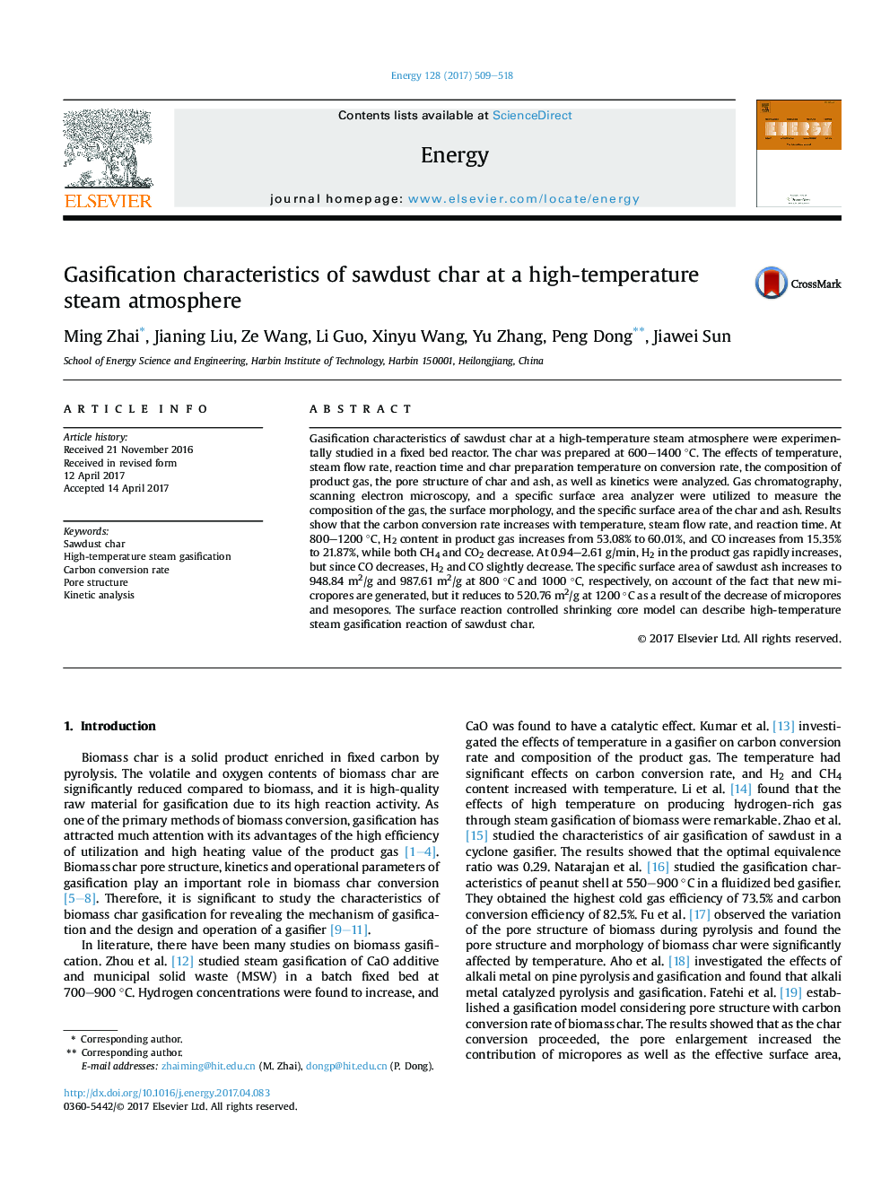 Gasification characteristics of sawdust char at a high-temperature steam atmosphere