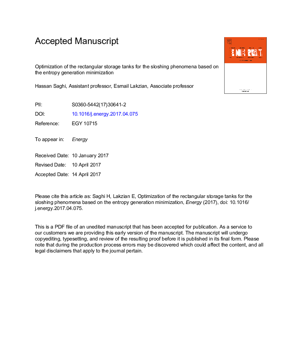 Optimization of the rectangular storage tanks for the sloshing phenomena based on the entropy generation minimization