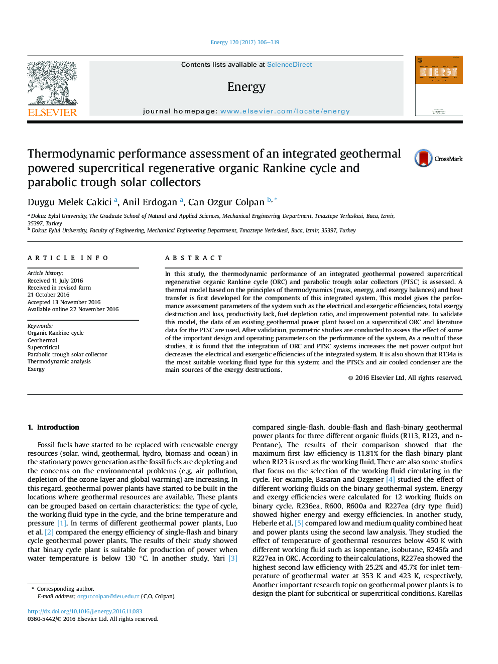 Thermodynamic performance assessment of an integrated geothermal powered supercritical regenerative organic Rankine cycle and parabolic trough solar collectors