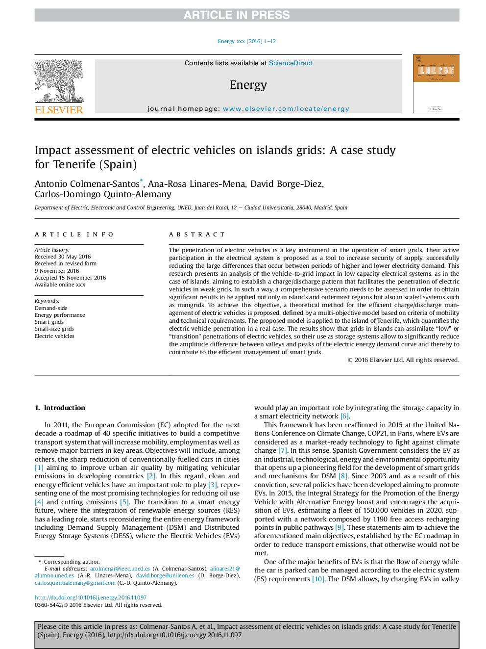 Impact assessment of electric vehicles on islands grids: A case study for Tenerife (Spain)