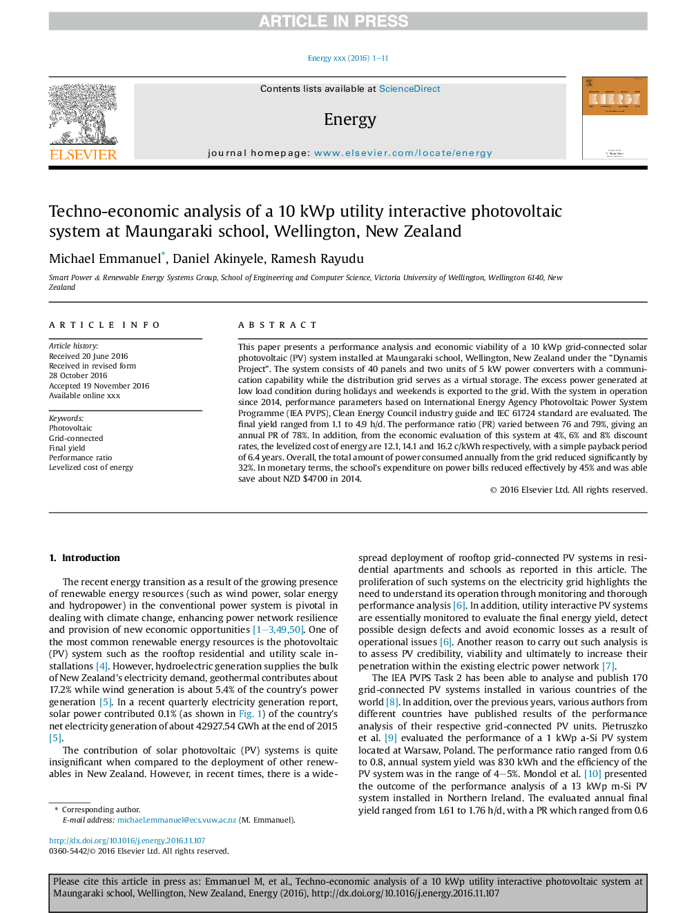 Techno-economic analysis of a 10Â kWp utility interactive photovoltaic system at Maungaraki school, Wellington, New Zealand