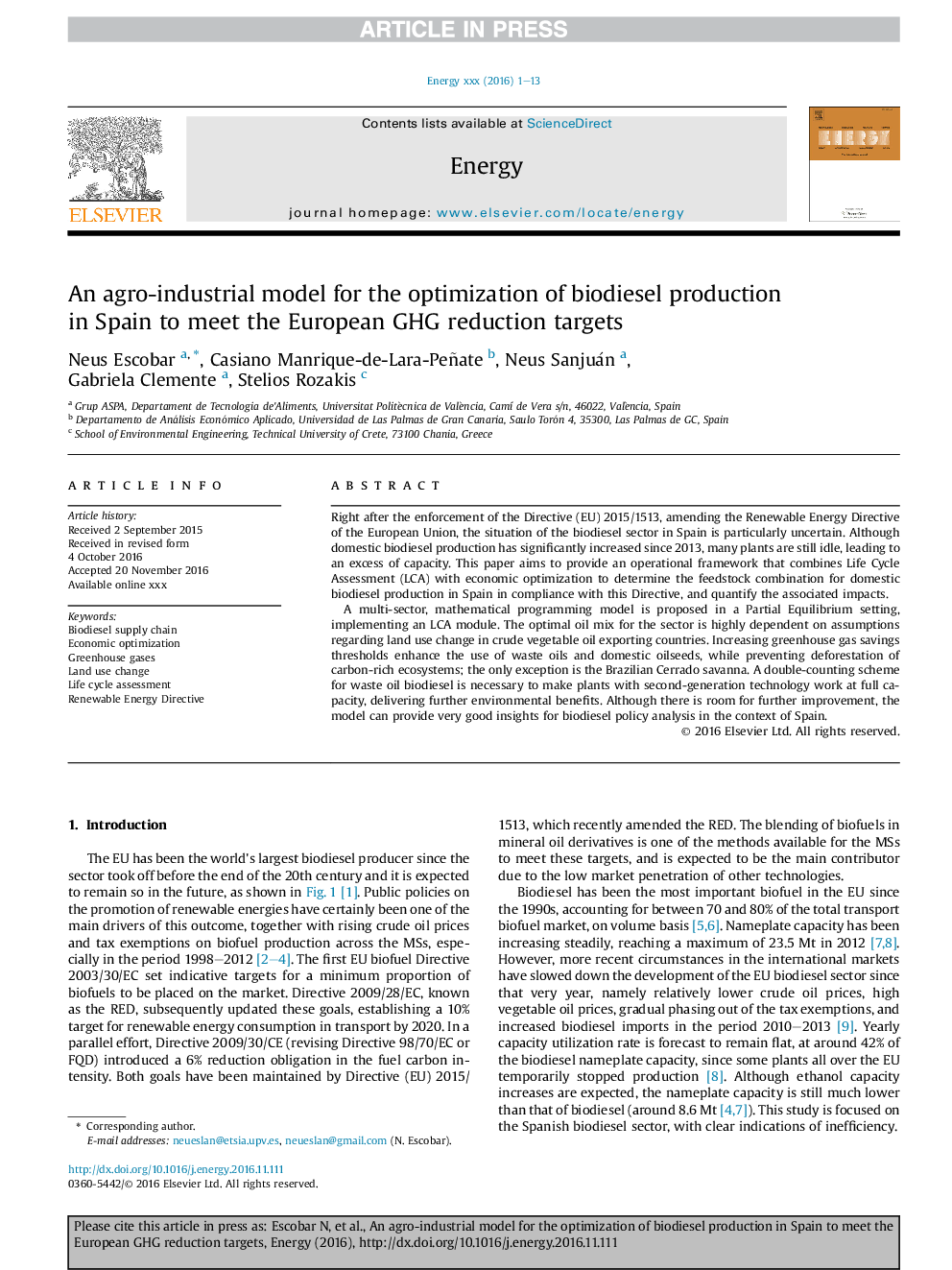 An agro-industrial model for the optimization of biodiesel production in Spain to meet the European GHG reduction targets