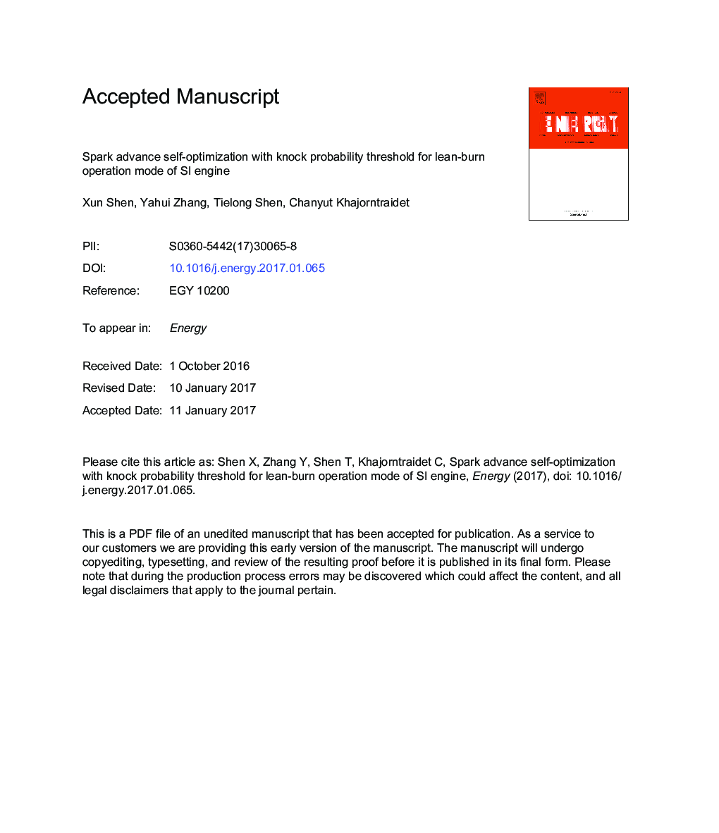 Spark advance self-optimization with knock probability threshold for lean-burn operation mode of SI engine