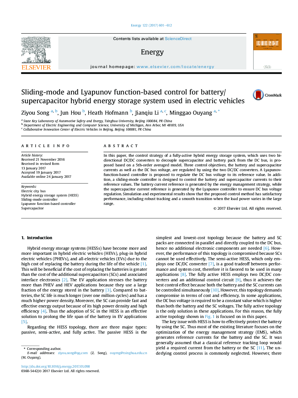 Sliding-mode and Lyapunov function-based control for battery/supercapacitor hybrid energy storage system used in electric vehicles