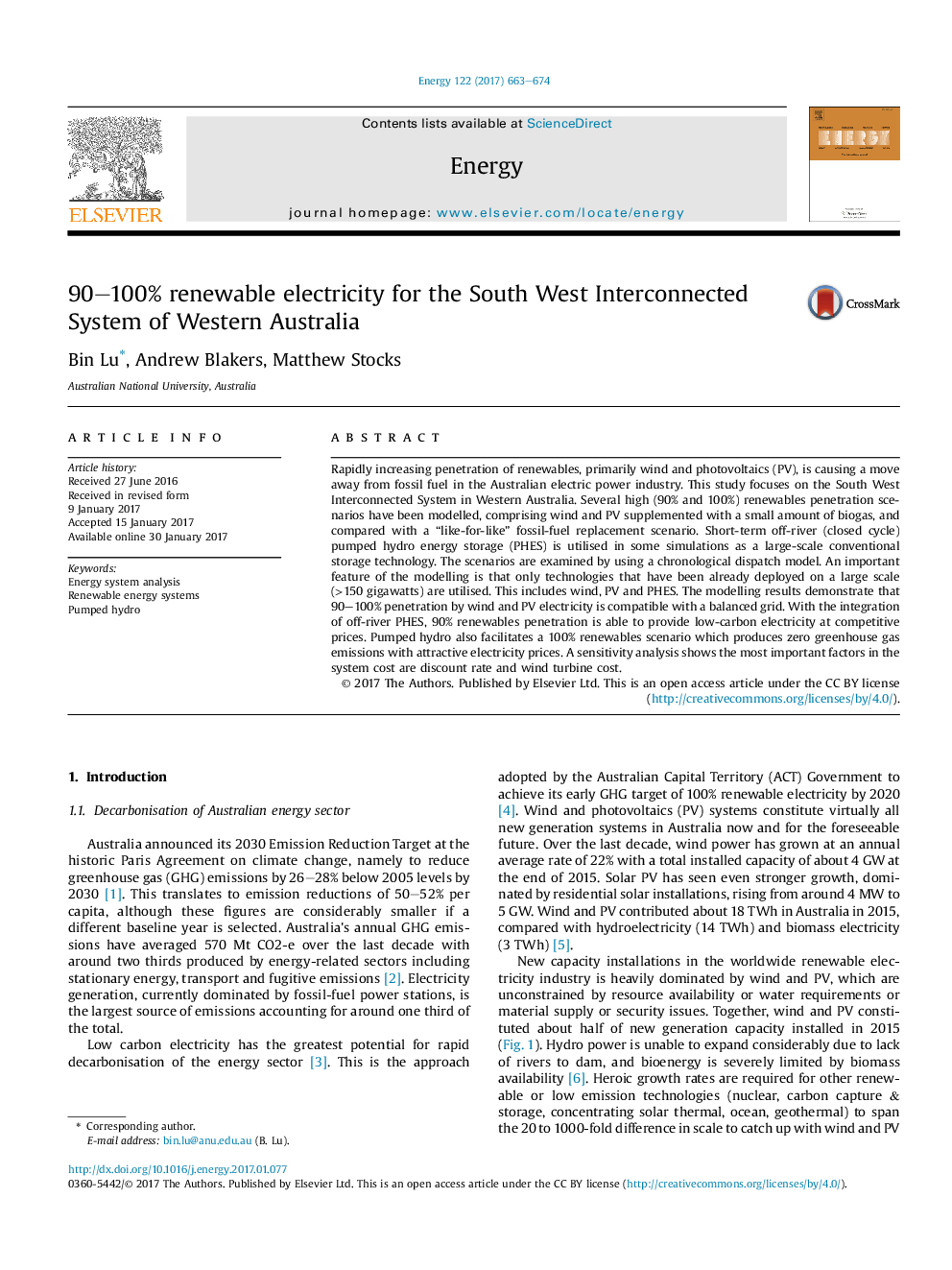 90-100% renewable electricity for the South West Interconnected System of Western Australia