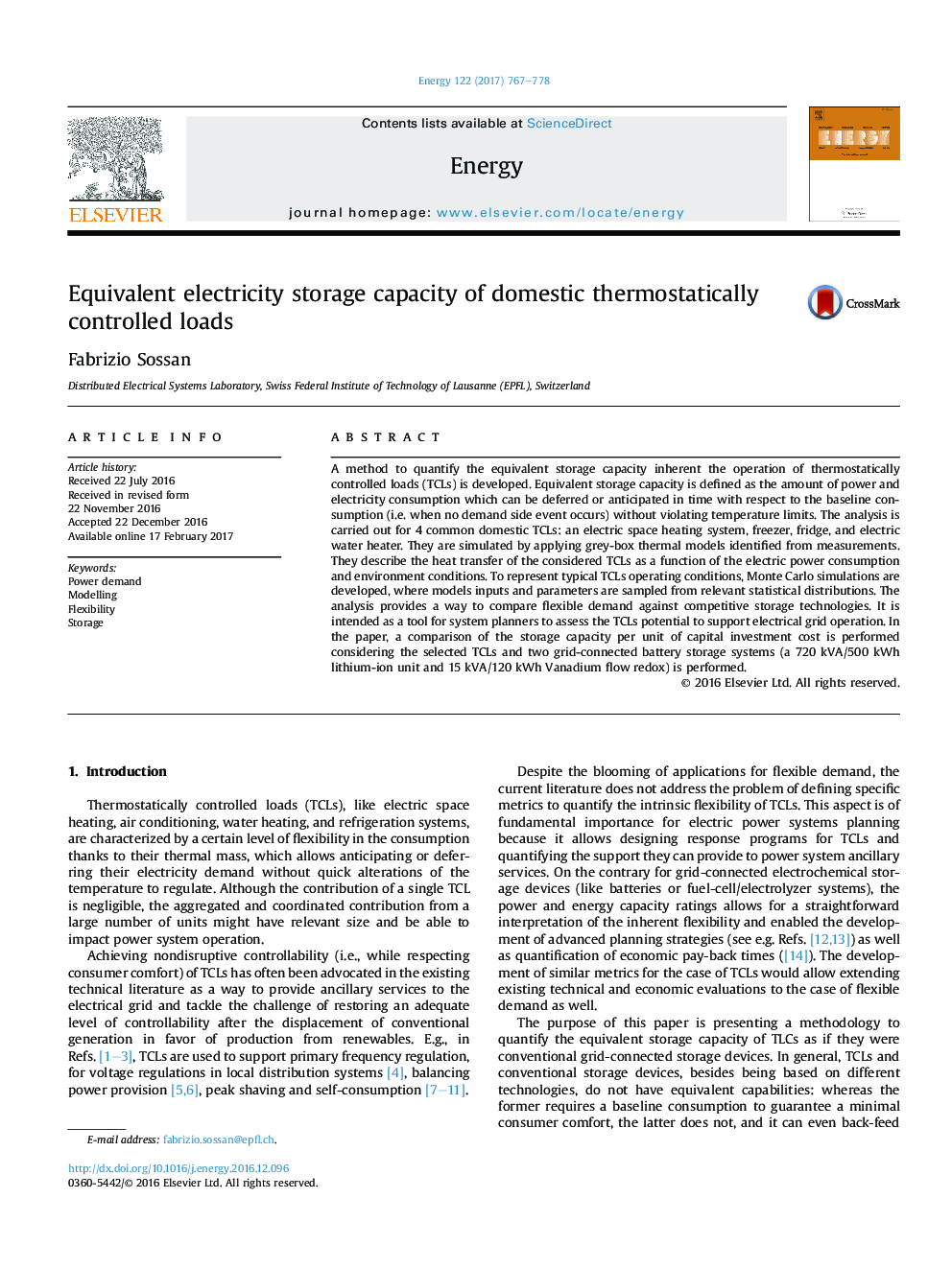 Equivalent electricity storage capacity of domestic thermostatically controlled loads