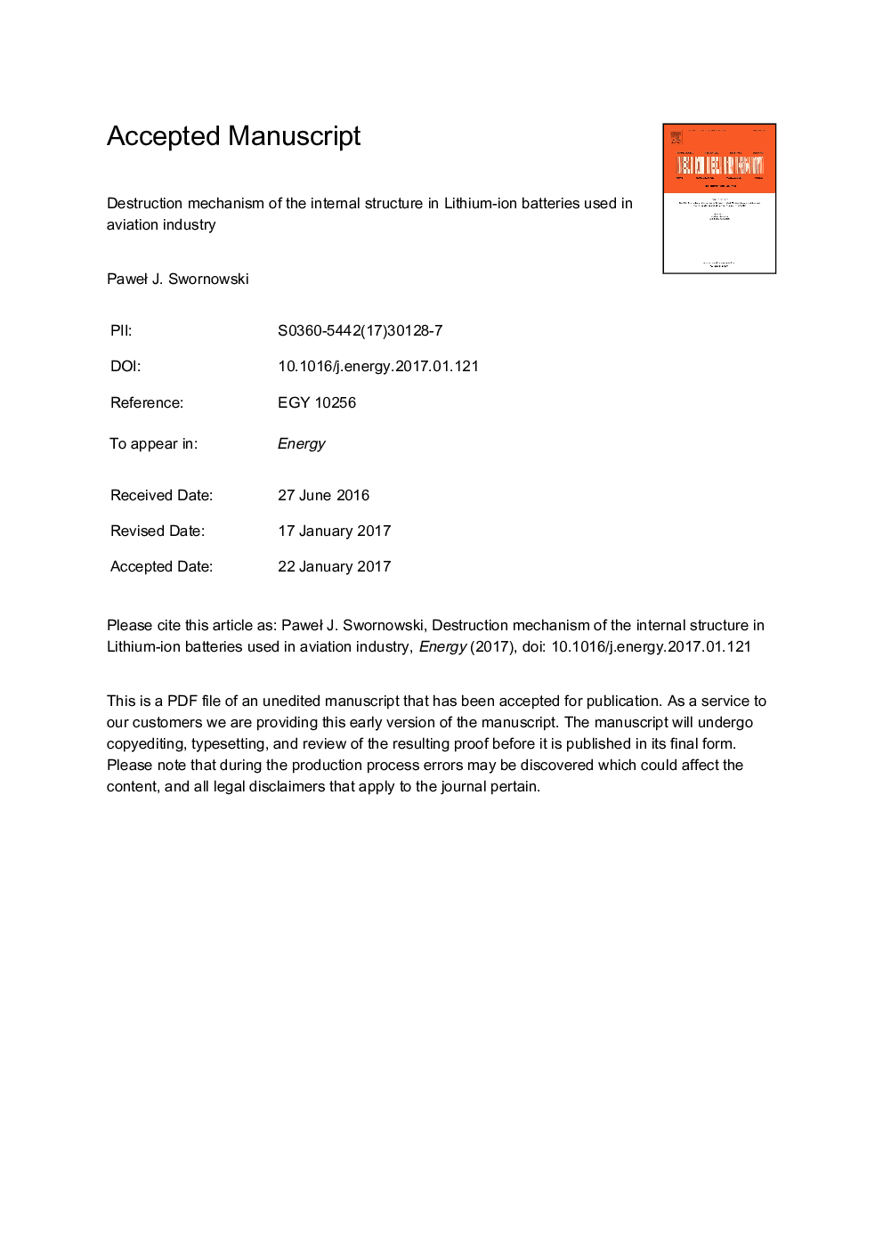 Destruction mechanism of the internal structure in Lithium-ion batteries used in aviation industry