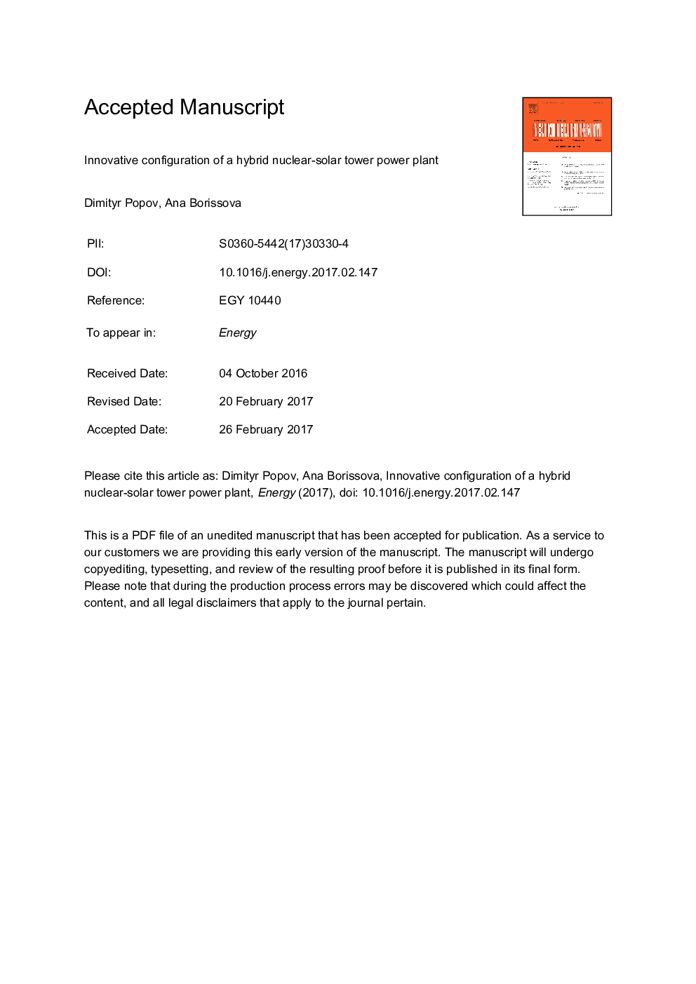 Innovative configuration of a hybrid nuclear-solar tower power plant