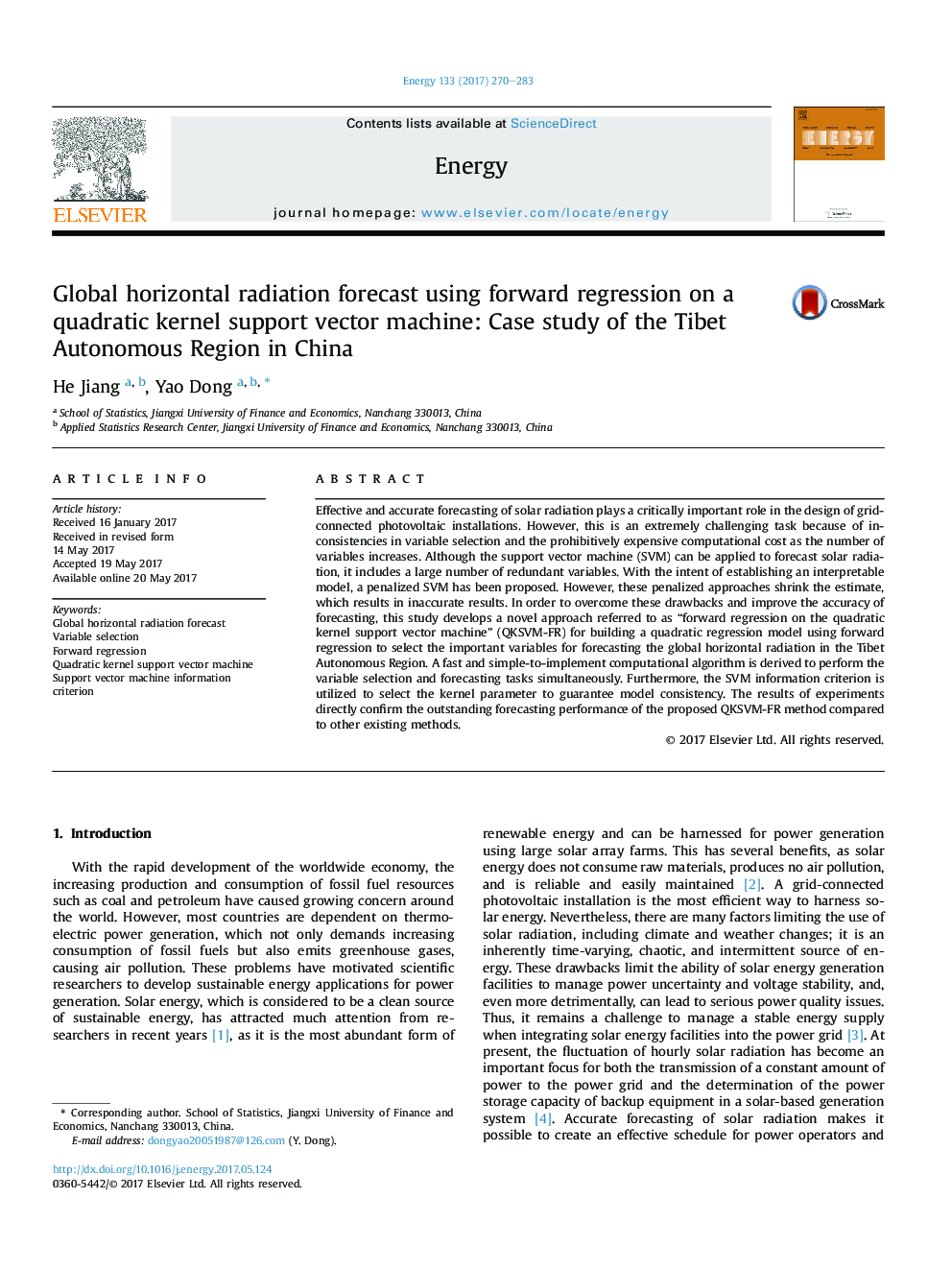 Global horizontal radiation forecast using forward regression on a quadratic kernel support vector machine: Case study of the Tibet Autonomous Region in China