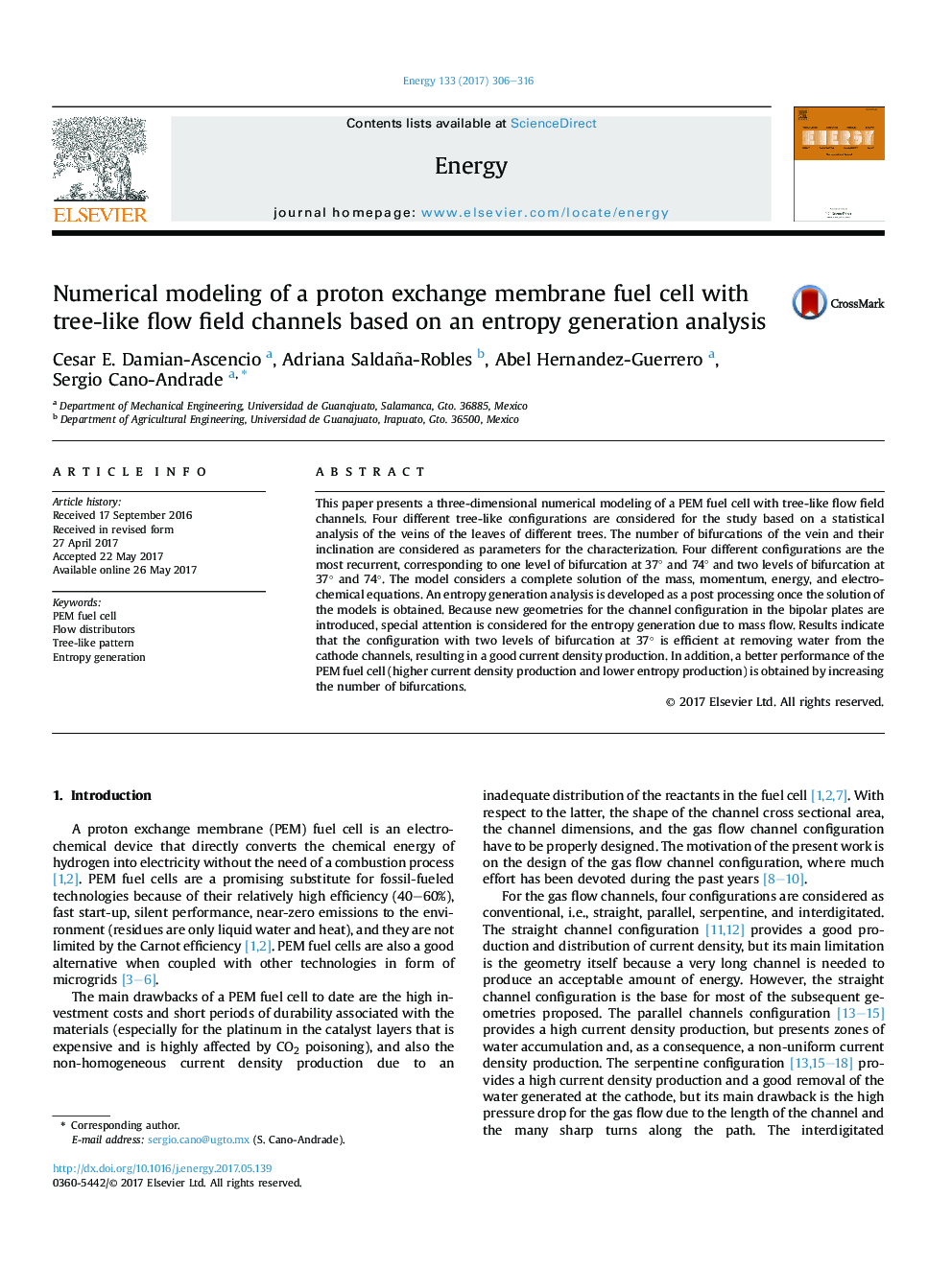 Numerical modeling of a proton exchange membrane fuel cell with tree-like flow field channels based on an entropy generation analysis