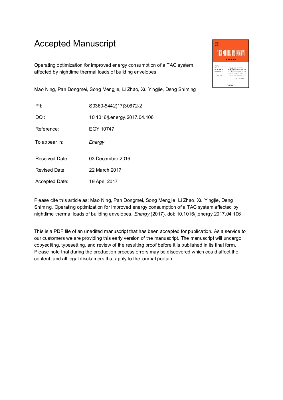 Operating optimization for improved energy consumption of a TAC system affected by nighttime thermal loads of building envelopes