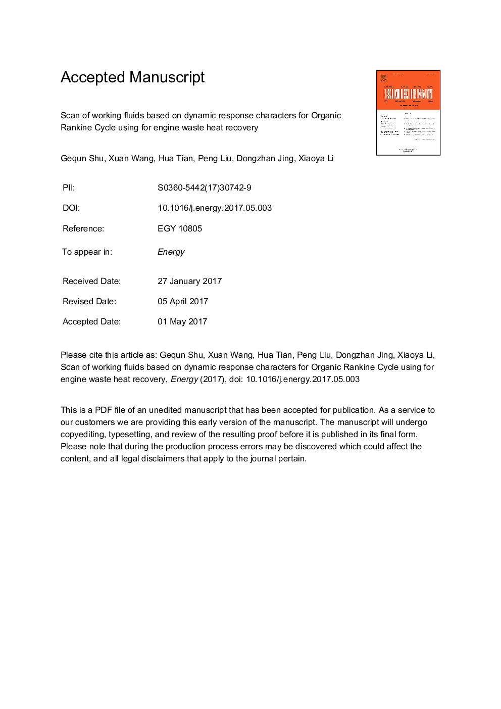 Scan of working fluids based on dynamic response characters for Organic Rankine Cycle using for engine waste heat recovery