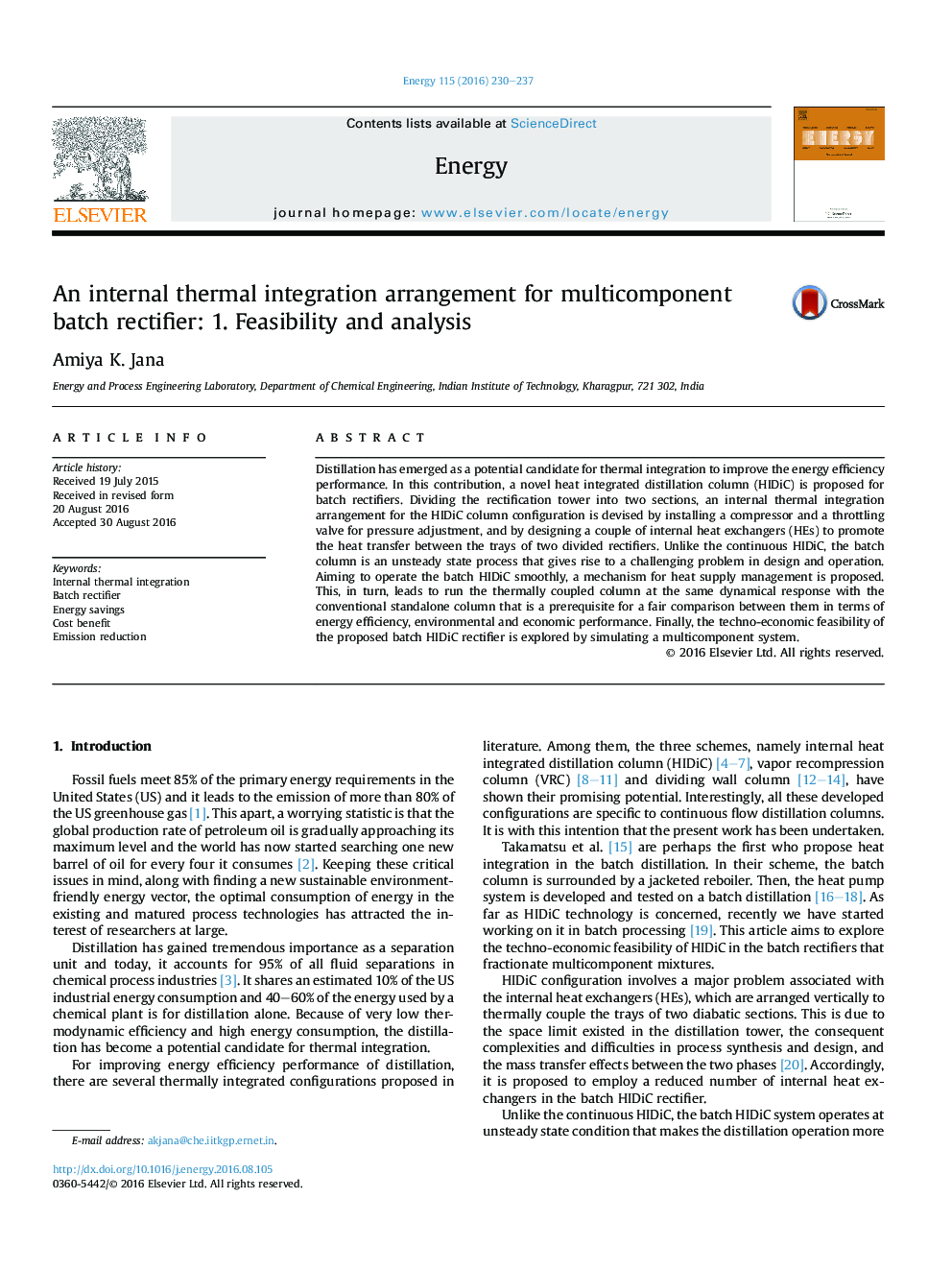 An internal thermal integration arrangement for multicomponent batch rectifier: 1. Feasibility and analysis