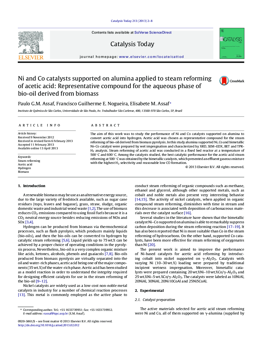 Ni and Co catalysts supported on alumina applied to steam reforming of acetic acid: Representative compound for the aqueous phase of bio-oil derived from biomass