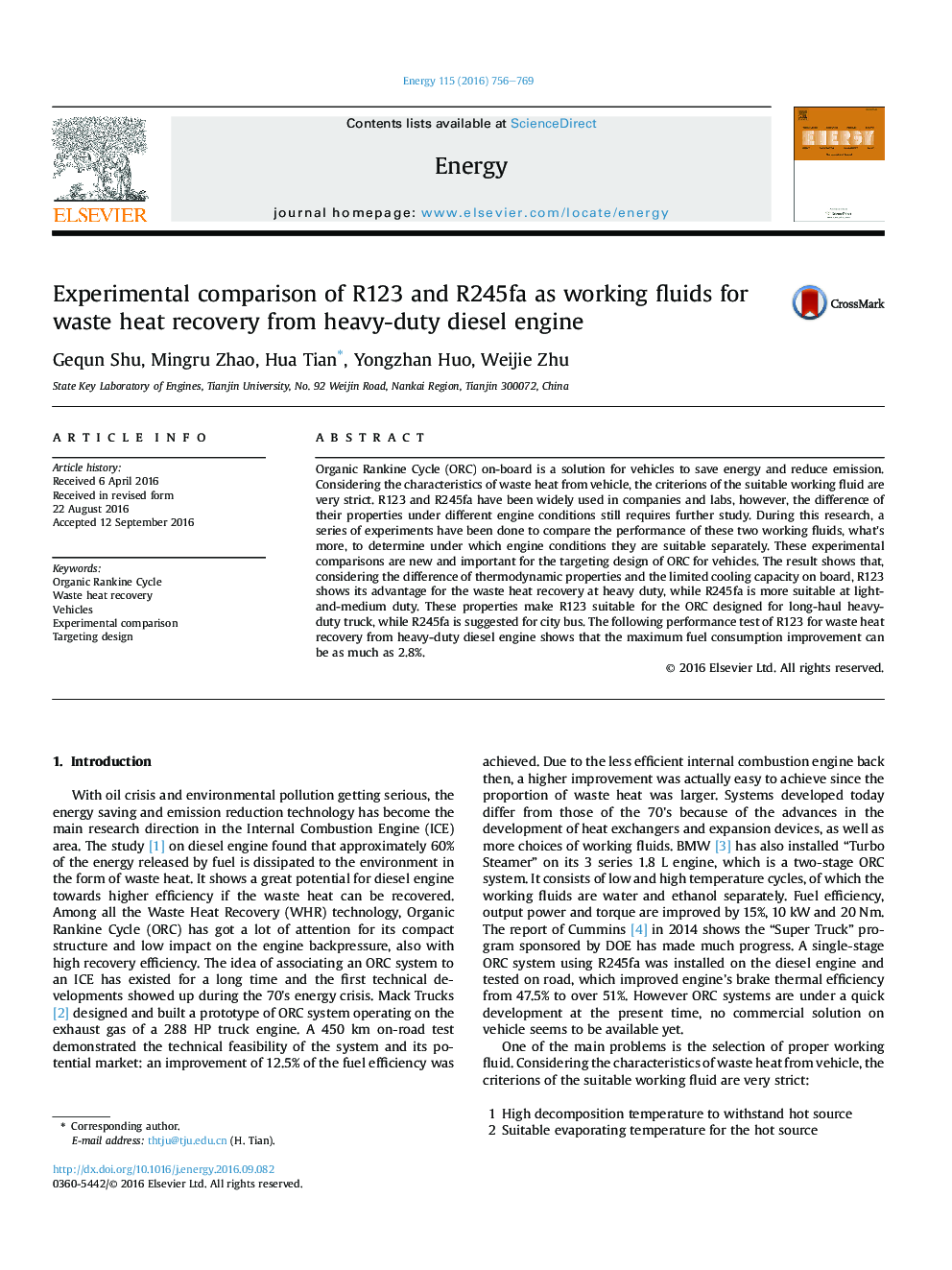 Experimental comparison of R123 and R245fa as working fluids for waste heat recovery from heavy-duty diesel engine