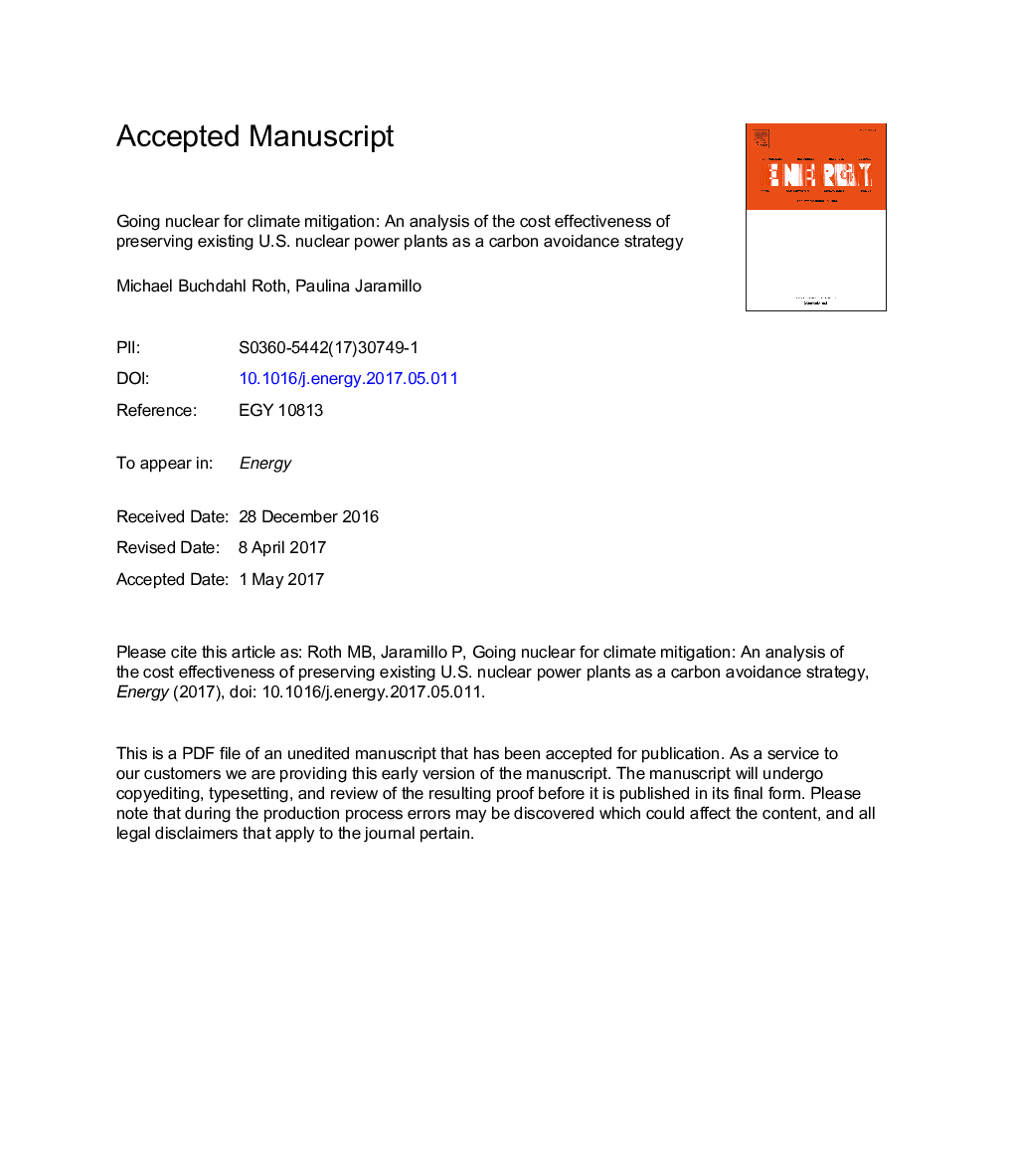 Going nuclear for climate mitigation: An analysis of the cost effectiveness of preserving existing U.S. nuclear power plants as a carbon avoidance strategy