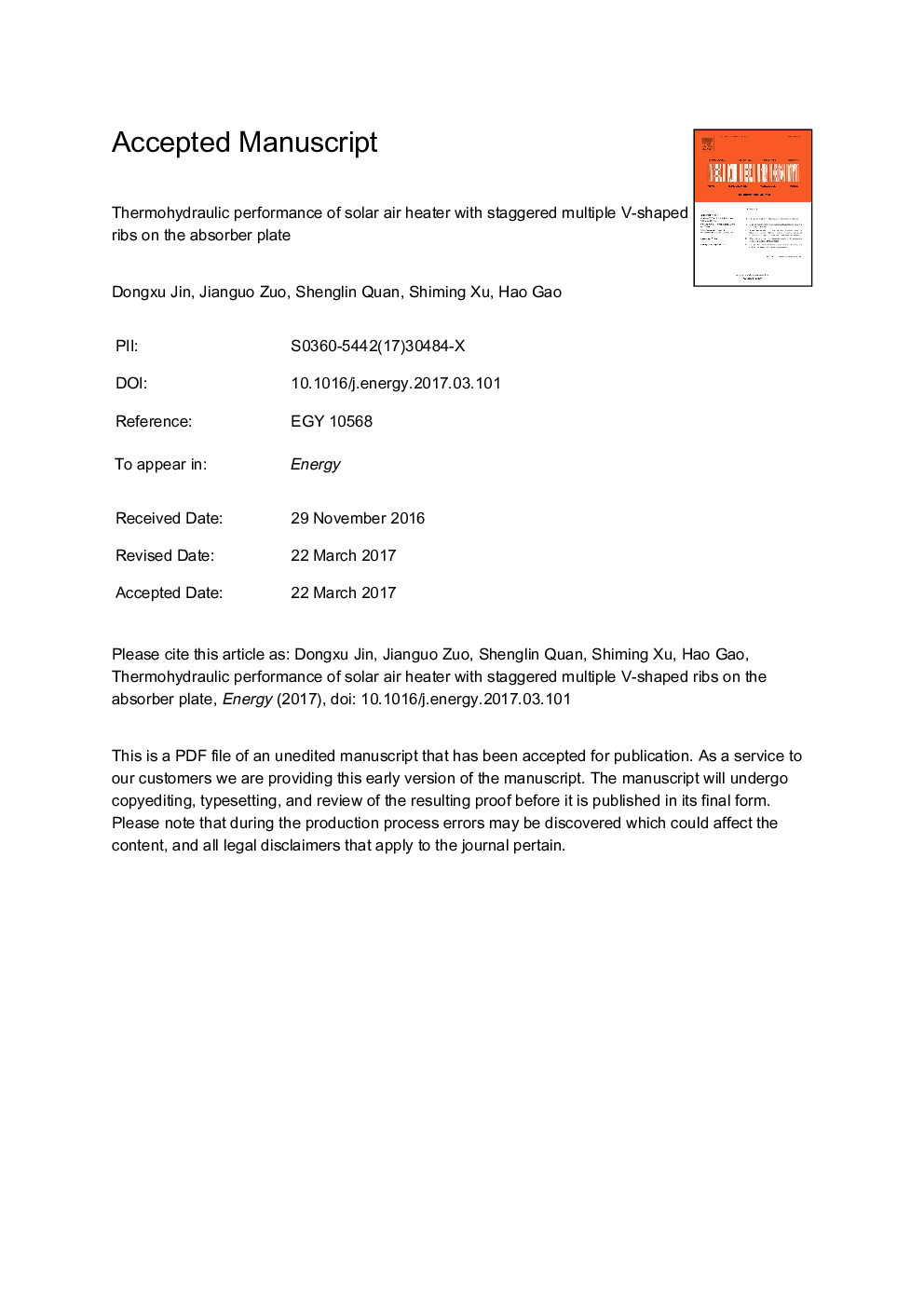 Thermohydraulic performance of solar air heater with staggered multiple V-shaped ribs on the absorber plate