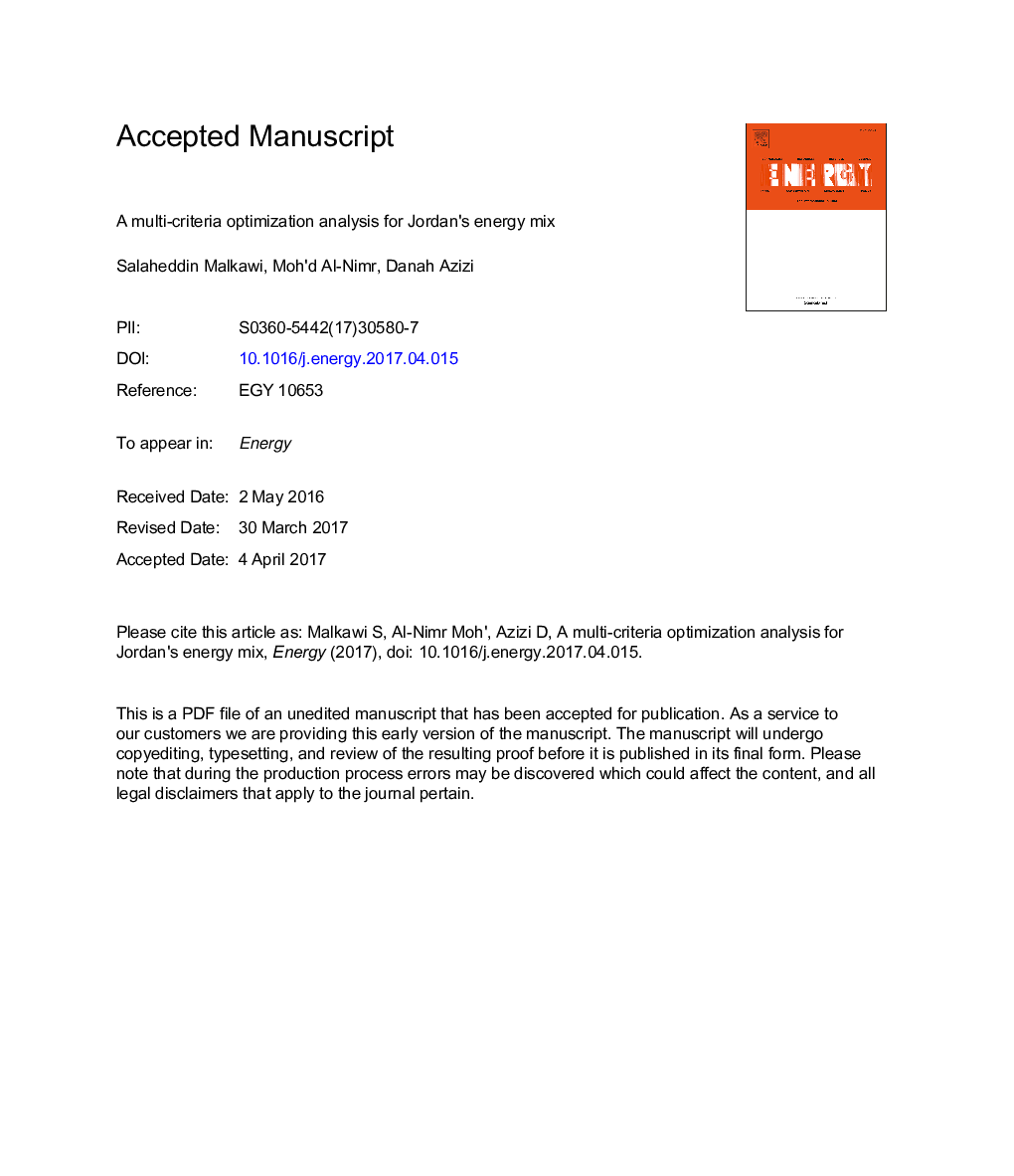 A multi-criteria optimization analysis for Jordan's energy mix