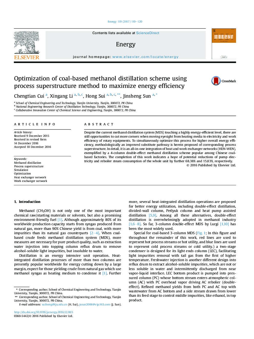 Optimization of coal-based methanol distillation scheme using process superstructure method to maximize energy efficiency