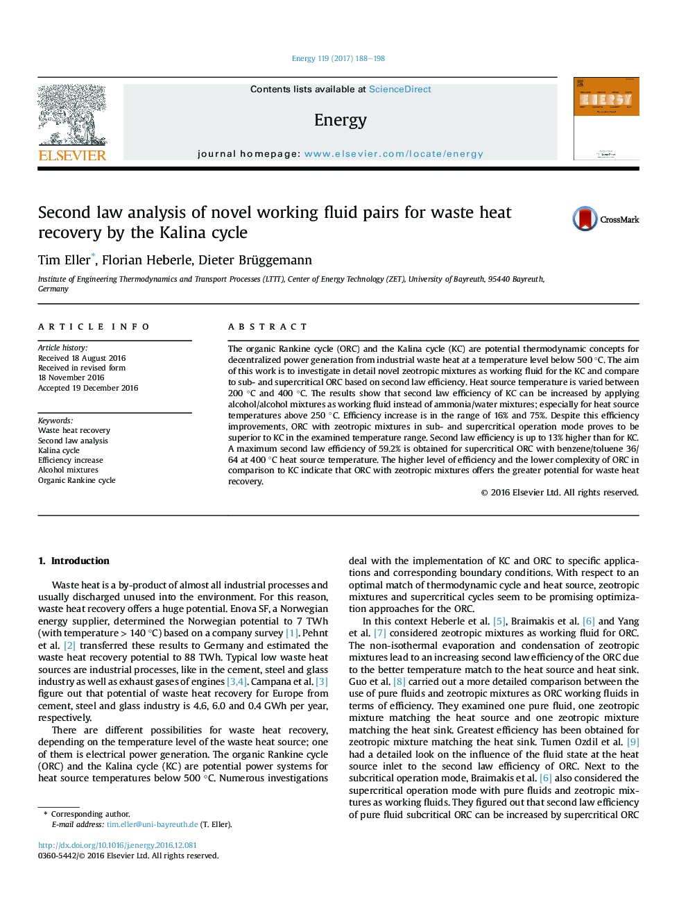 Second law analysis of novel working fluid pairs for waste heat recovery by the Kalina cycle