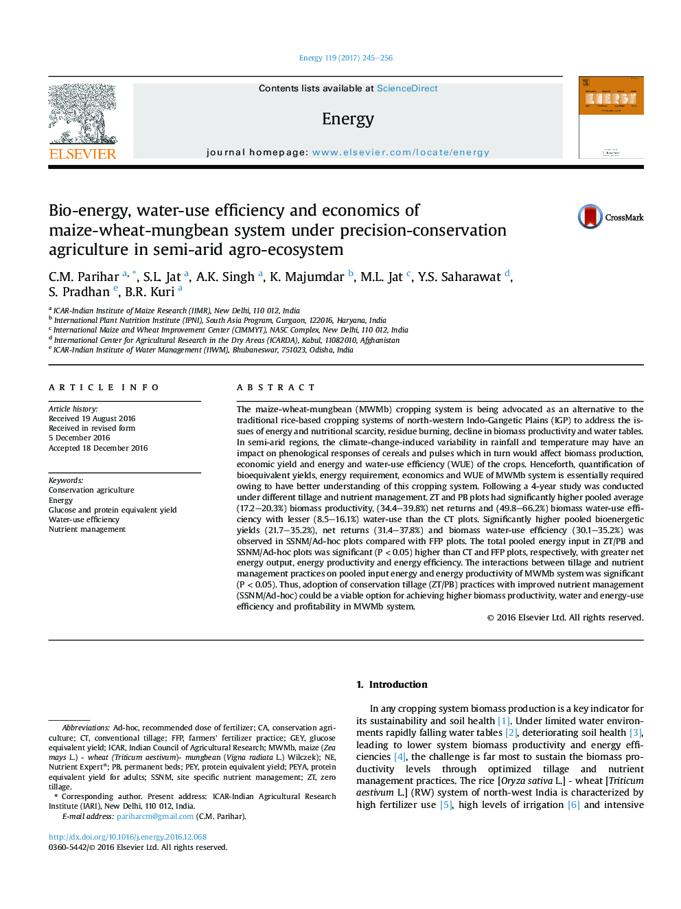 Bio-energy, water-use efficiency and economics of maize-wheat-mungbean system under precision-conservation agriculture in semi-arid agro-ecosystem