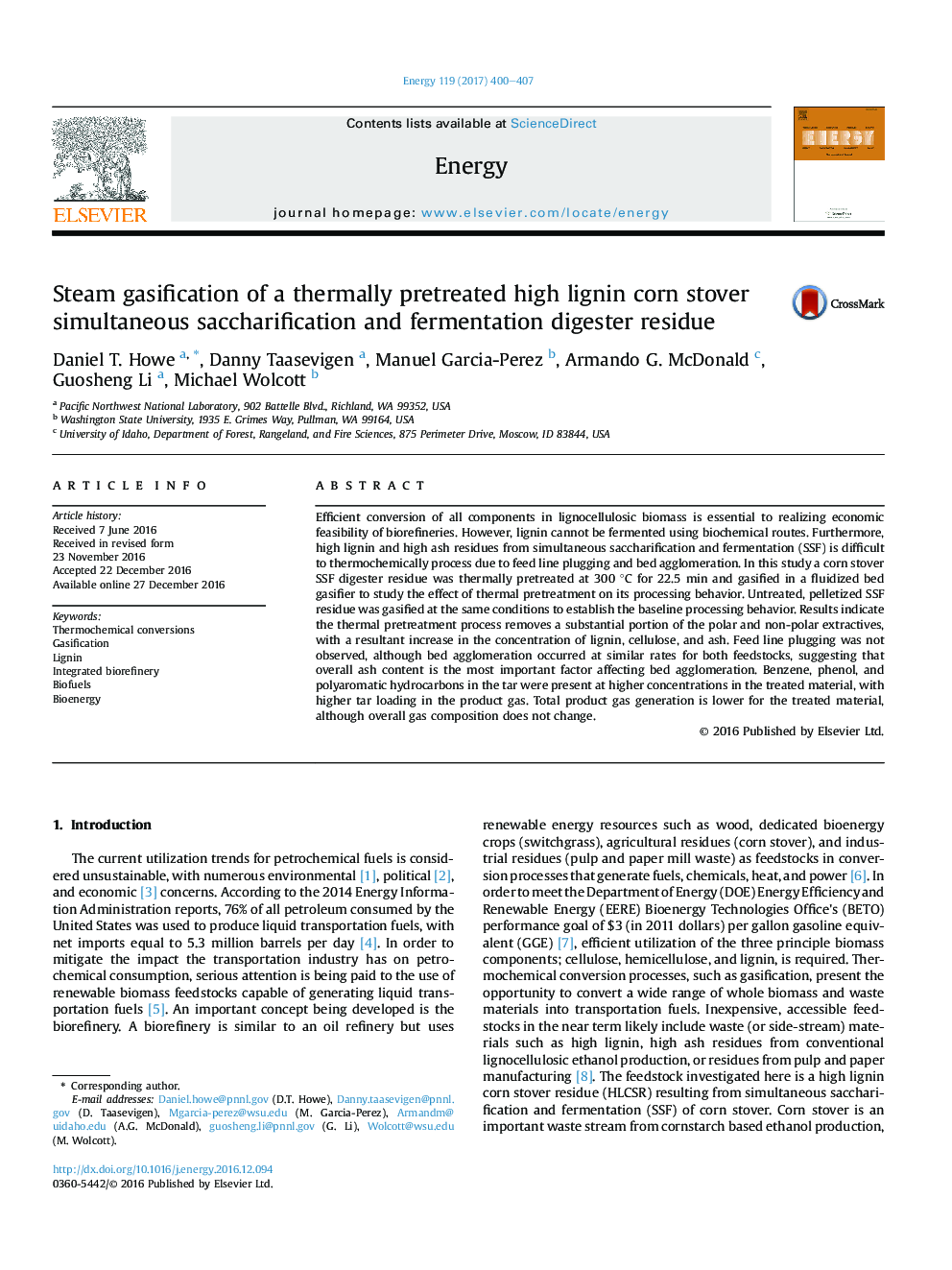 Steam gasification of a thermally pretreated high lignin corn stover simultaneous saccharification and fermentation digester residue