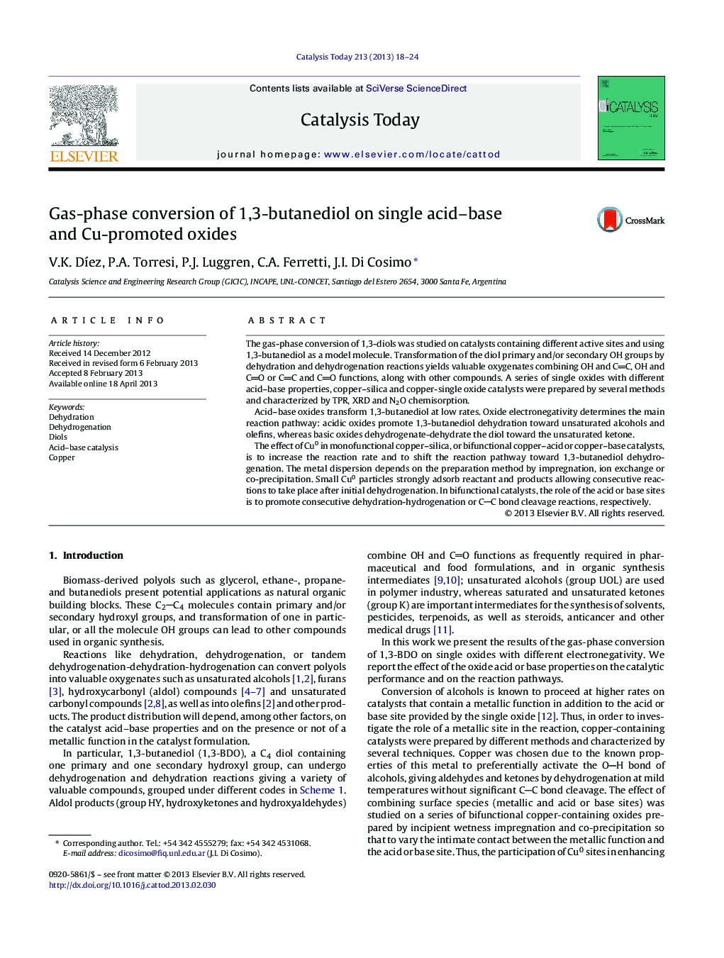 Gas-phase conversion of 1,3-butanediol on single acid–base and Cu-promoted oxides