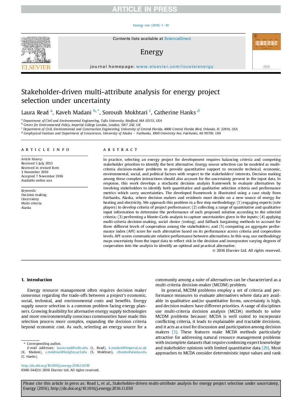 Stakeholder-driven multi-attribute analysis for energy project selection under uncertainty