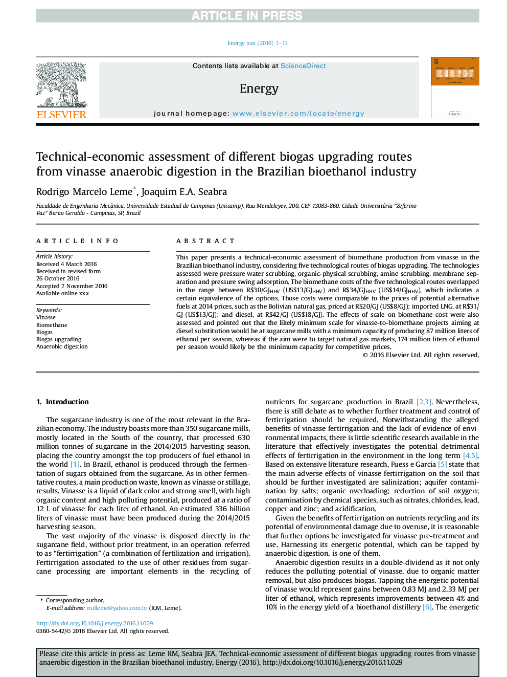 Technical-economic assessment of different biogas upgrading routes from vinasse anaerobic digestion in the Brazilian bioethanol industry