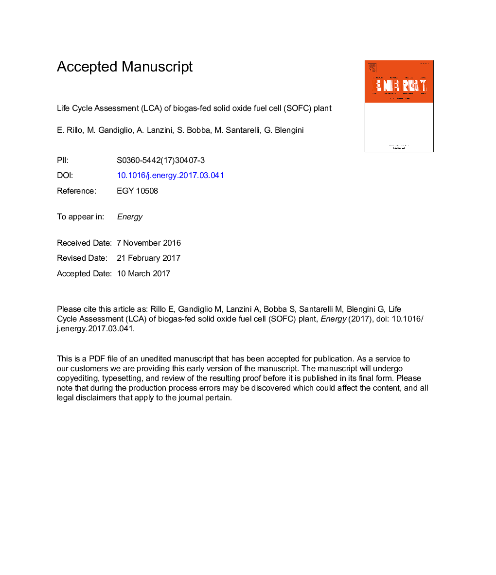 عکس صفحه اول مقاله: Life Cycle Assessment (LCA) of biogas-fed Solid Oxide Fuel Cell (SOFC) plant Life Cycle Assessment (LCA) of biogas-fed Solid Oxide Fuel Cell (SOFC) plant